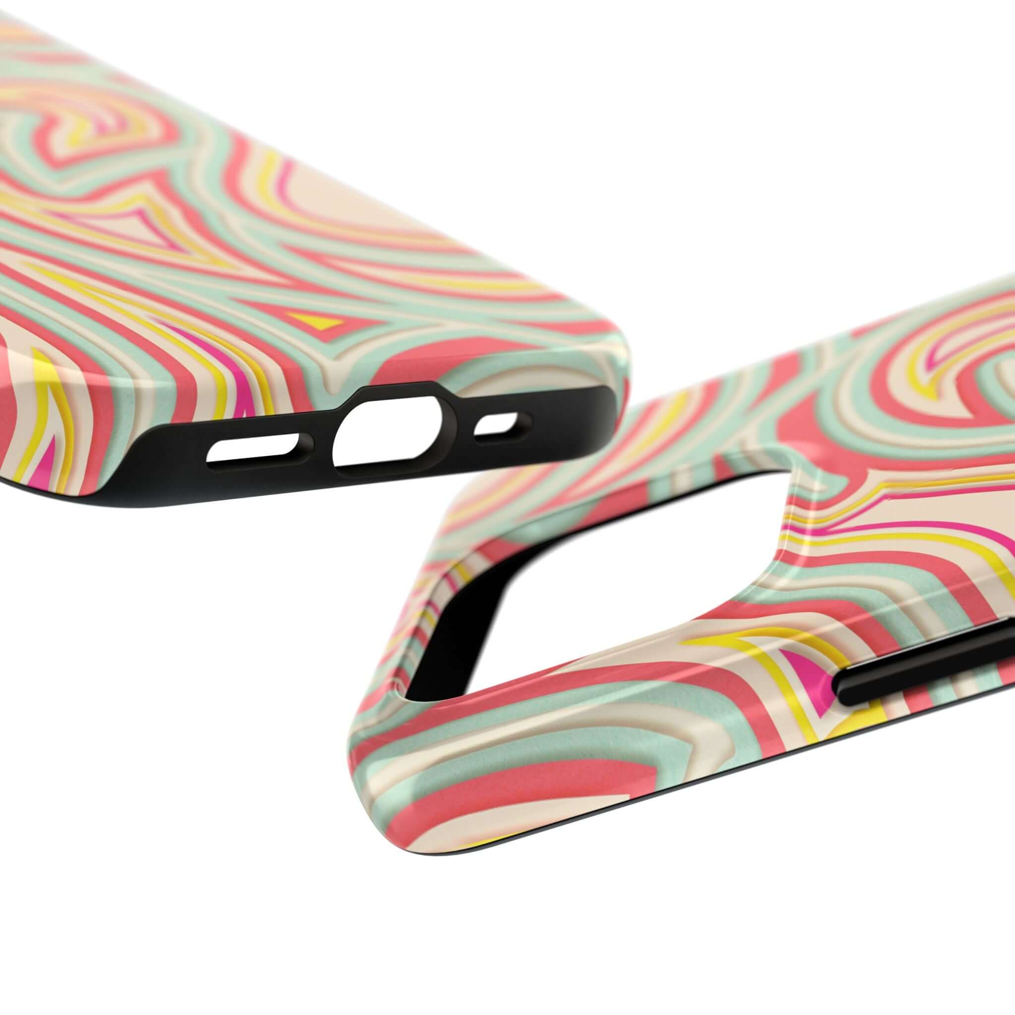 Groovy Waves Retro Abstract Case close-up showcasing colorful funky design for iPhone and Samsung phones.