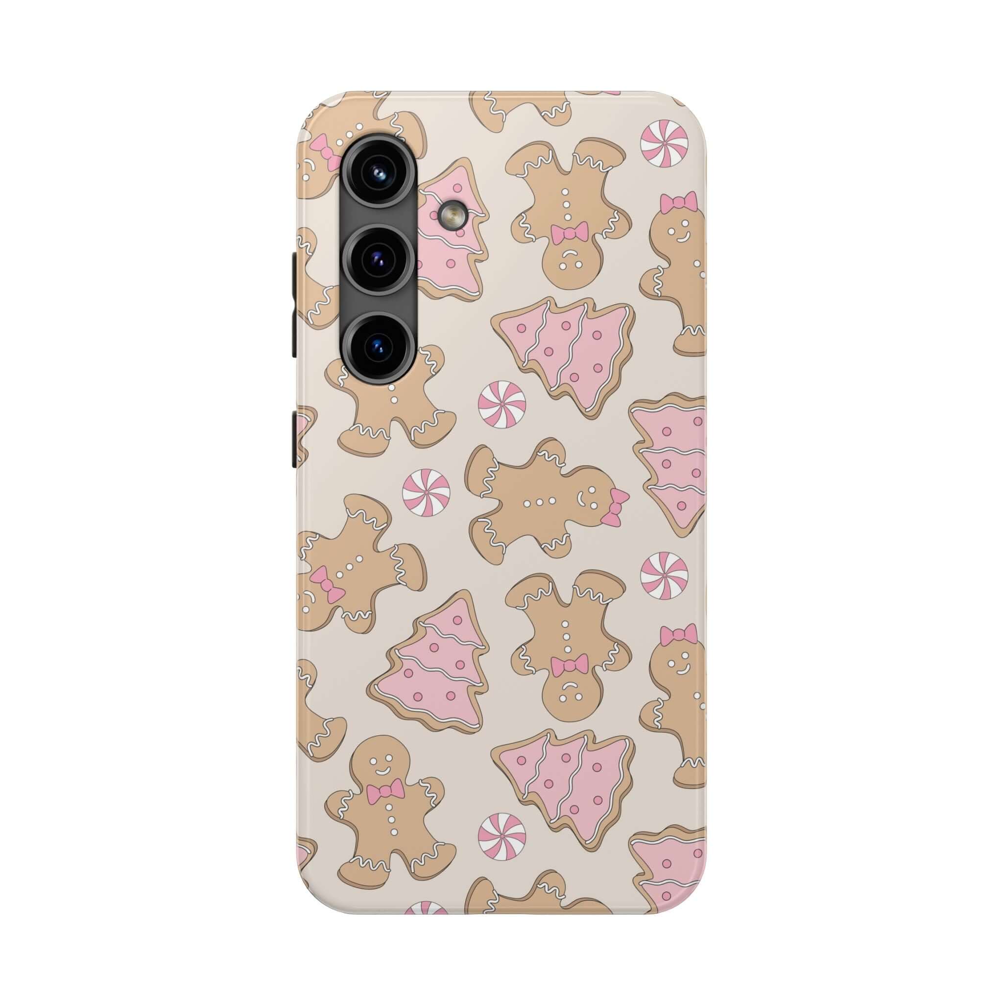 Cute iPhone case with gingerbread girl and holiday pattern, perfect Christmas phone cover for festive holiday cheer.