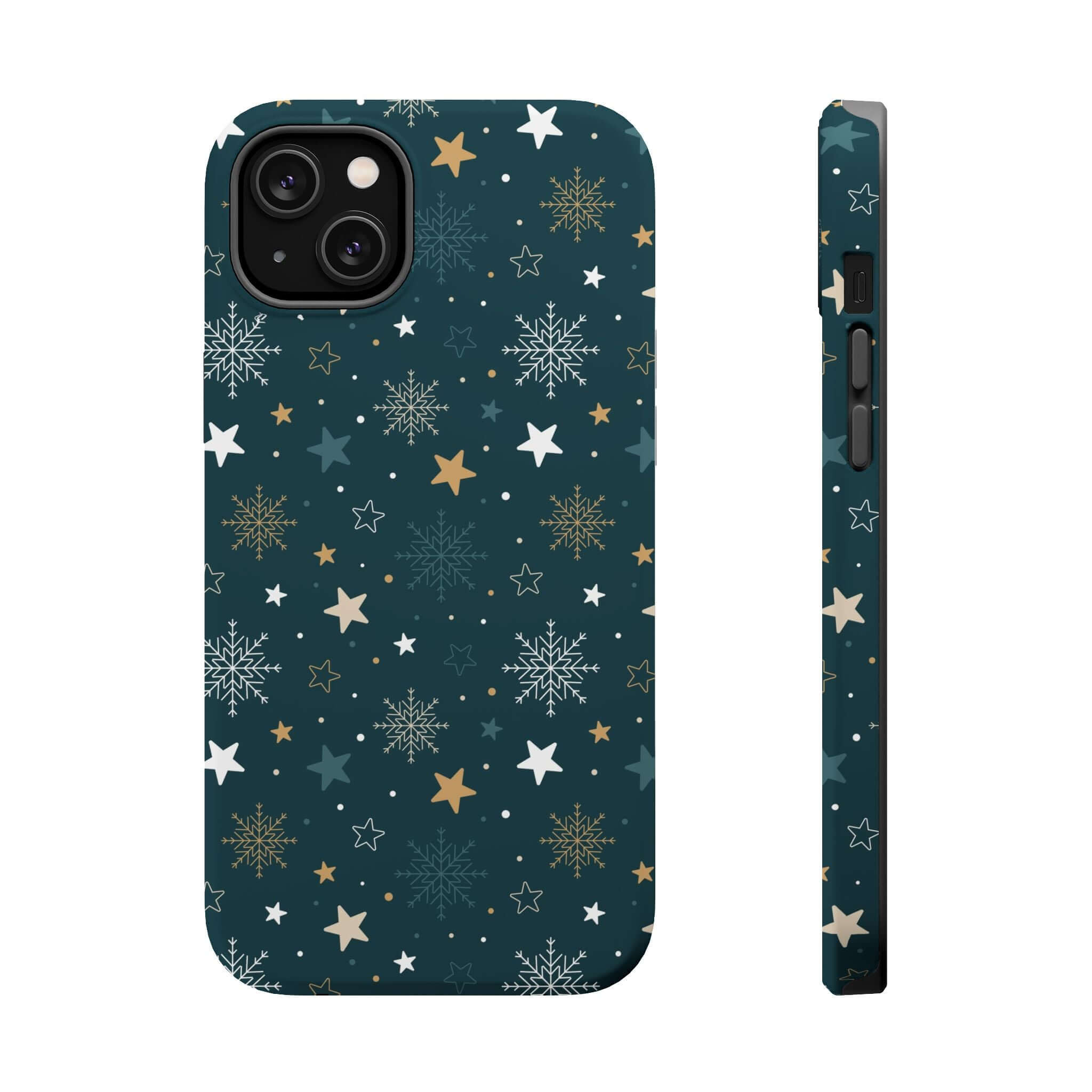 Festive MagSafe phone case with Christmas star and snowflake design, perfect holiday accessory for secure charging and style.