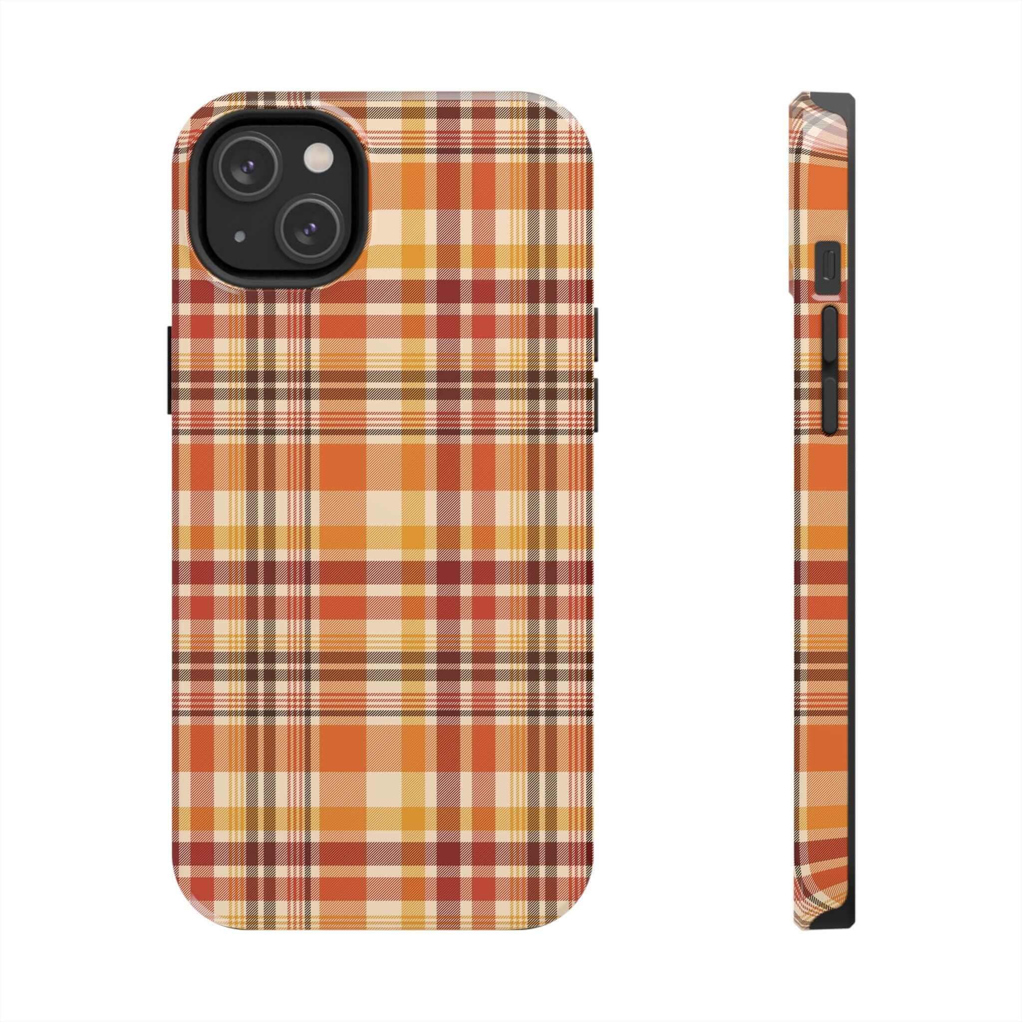 Fall plaid iPhone case with autumn colors, perfect as a Halloween phone case and cute protection for your phone