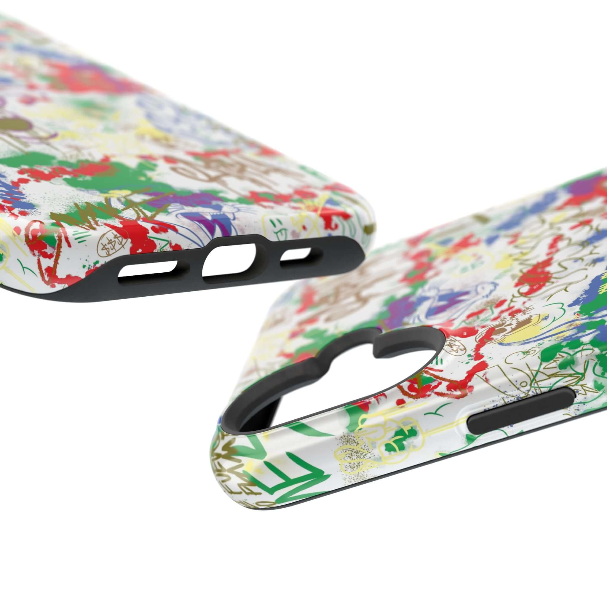 Close-up of the Art Attack Colorful Graffiti Phone Case showcasing vibrant street art design and MagSafe compatibility.