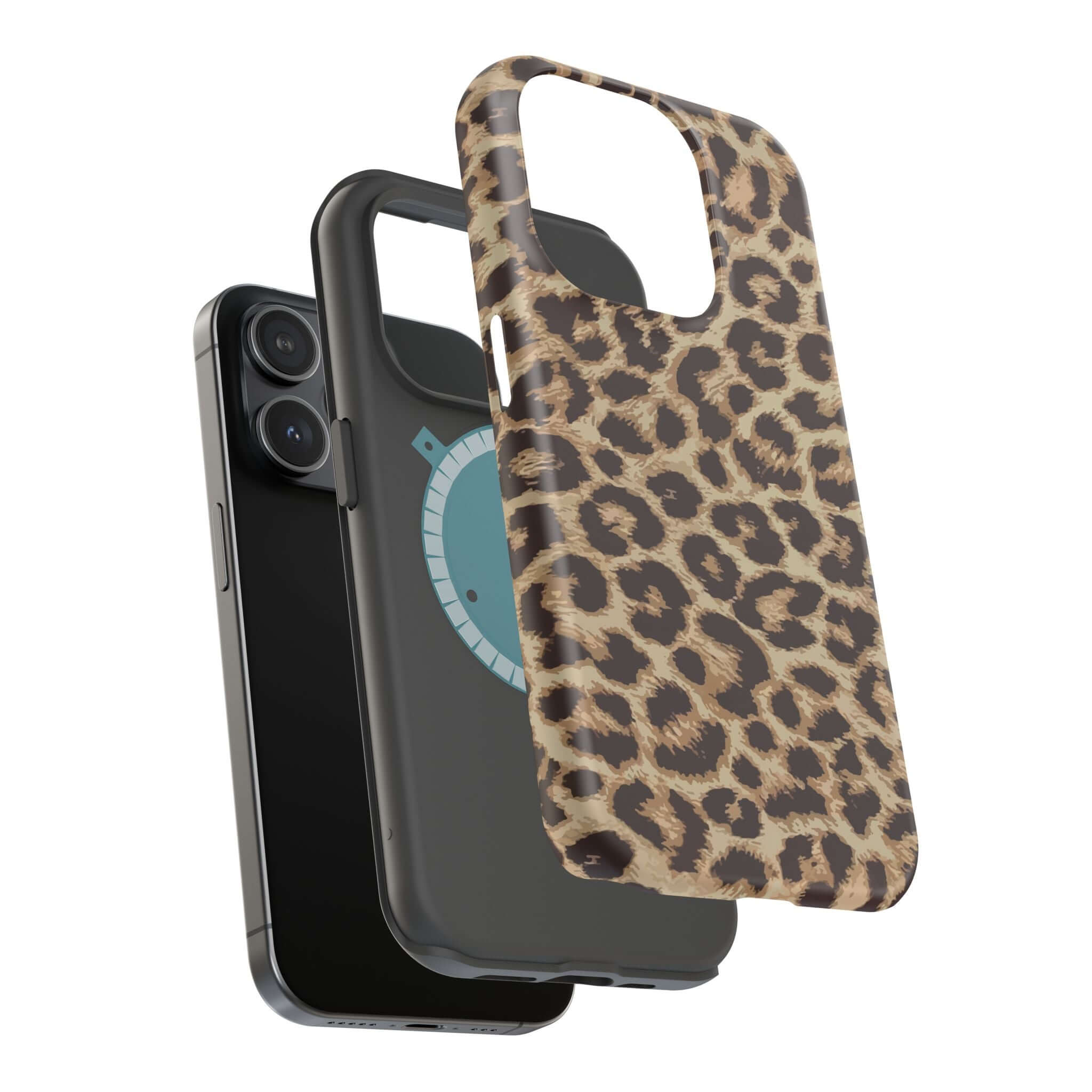 Cheetah print phone case with MagSafe design for iPhone 16, stylish and cute protection accessory.