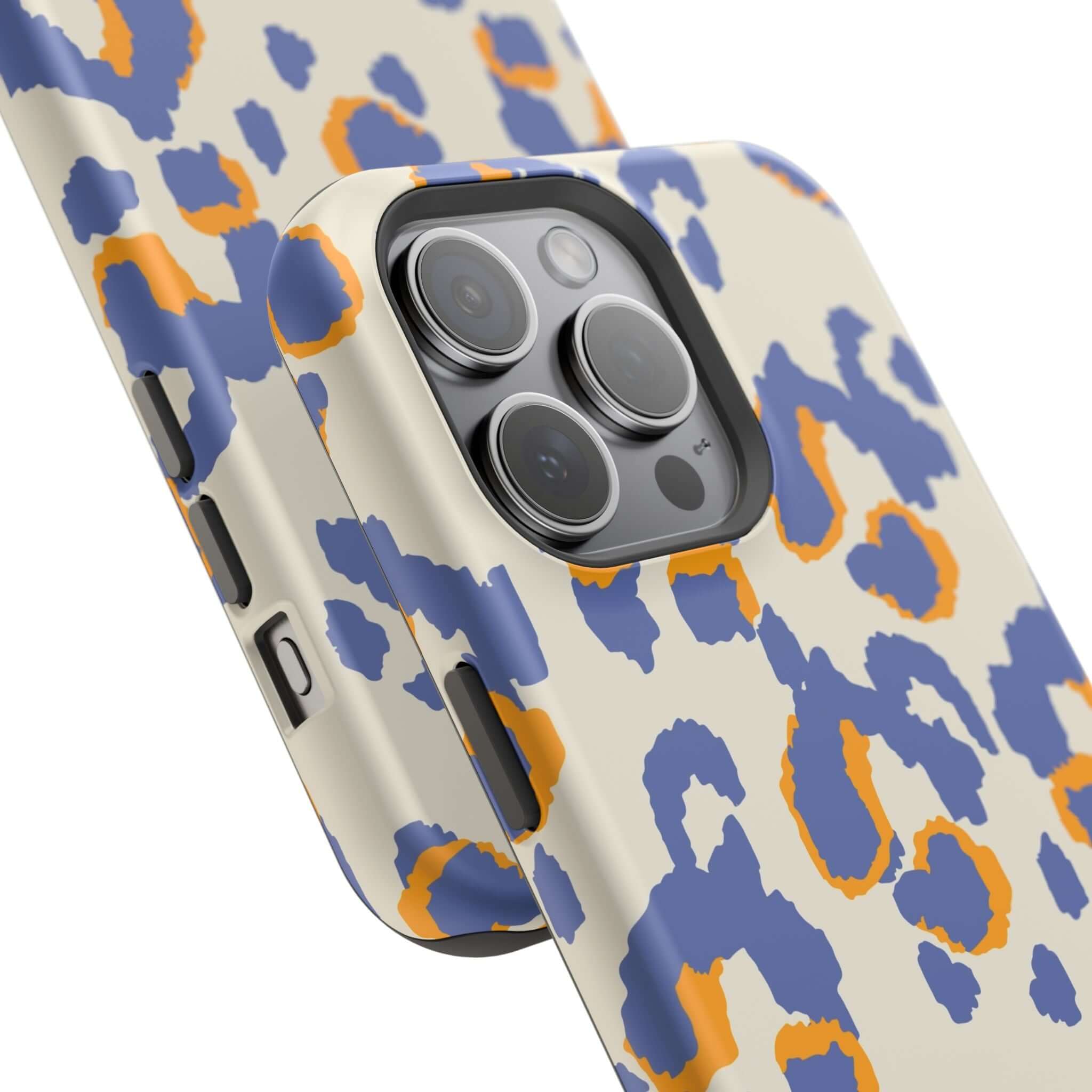 Colorful iPhone case with blue leopard print, cute and abstract design, Safari Blaze MagSafe cover for a stylish, wild look.