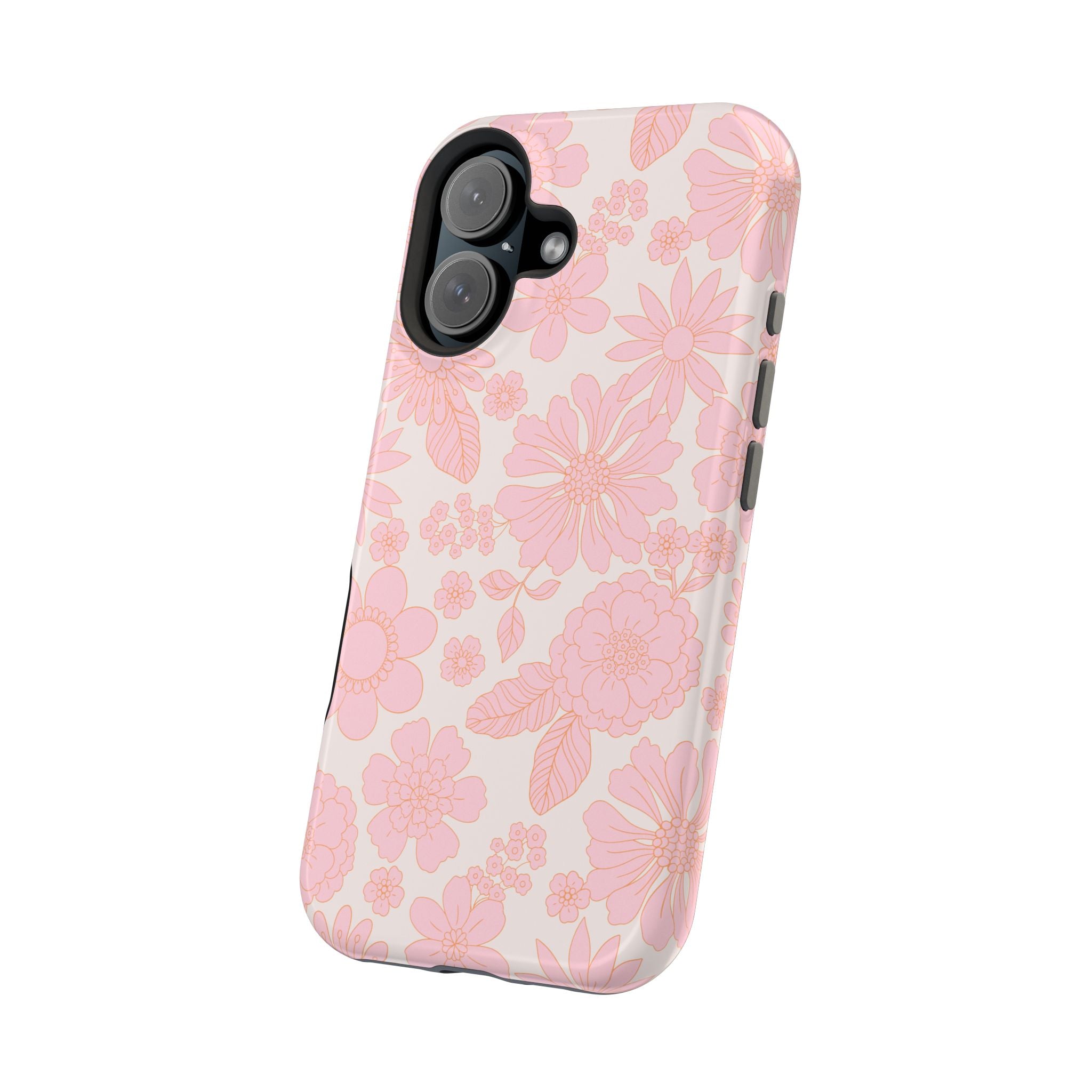 Pink floral MagSafe phone case for iPhone 16, embracing cottagecore aesthetic with a cute and whimsical design.