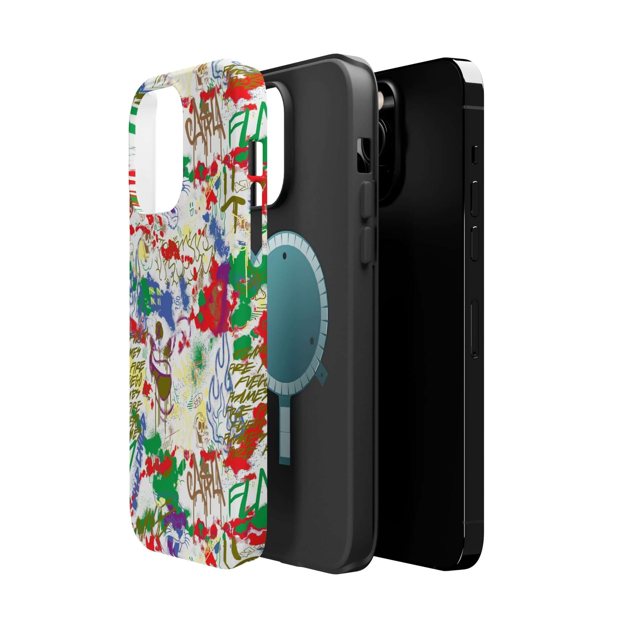 Colorful graffiti iPhone case collection showcasing cute street art designs and sleek black cover. Perfect for art lovers!