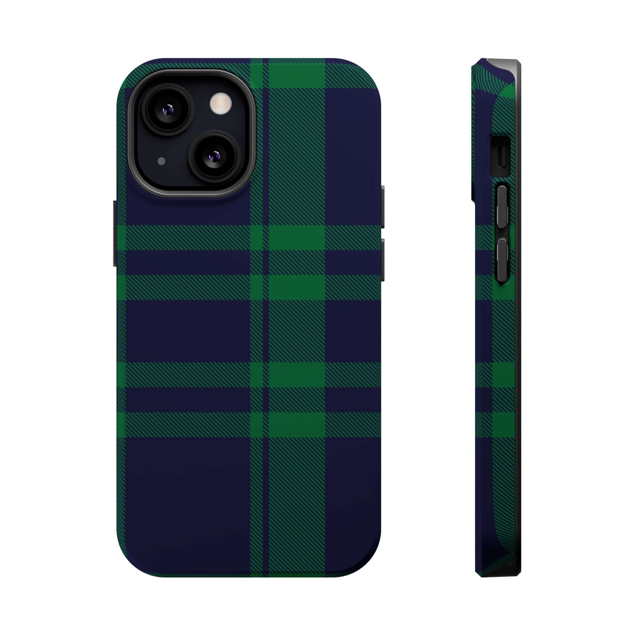 Mistletoe Plaid MagSafe Case for iPhone, featuring a cute green and navy plaid pattern perfect for the holiday season.