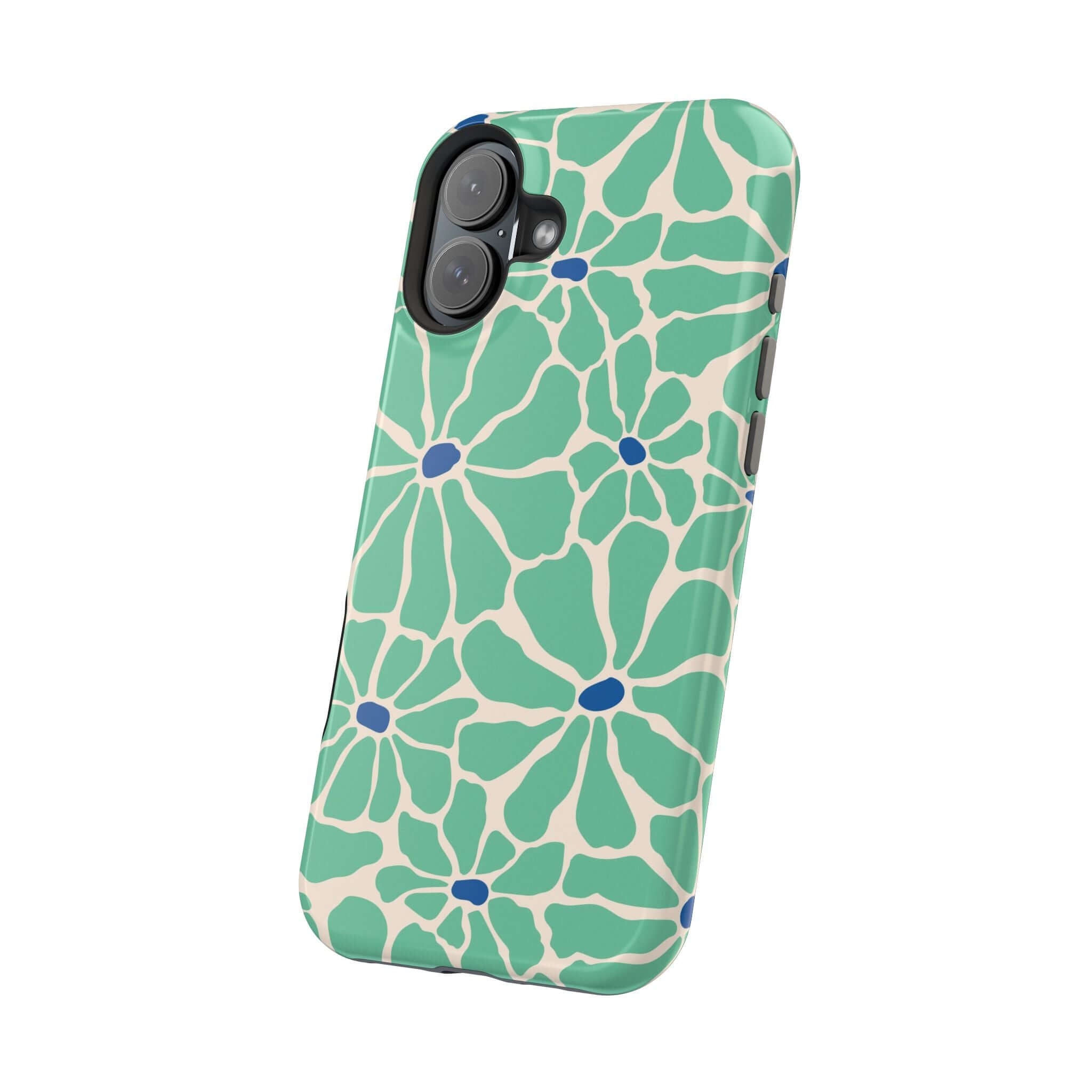 Cute phone cover with retro floral design in green and blue, perfect for Apple iPhone protection and style.