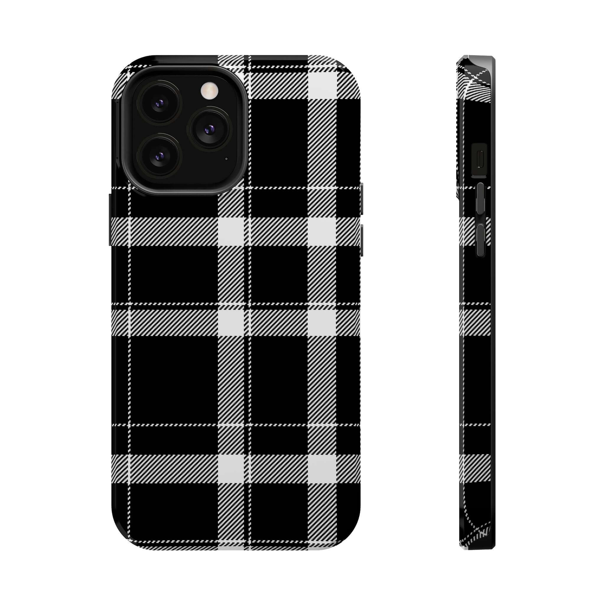 Classic black plaid phone case for iPhone, stylish and cute phone cover for fashion-forward individuals.