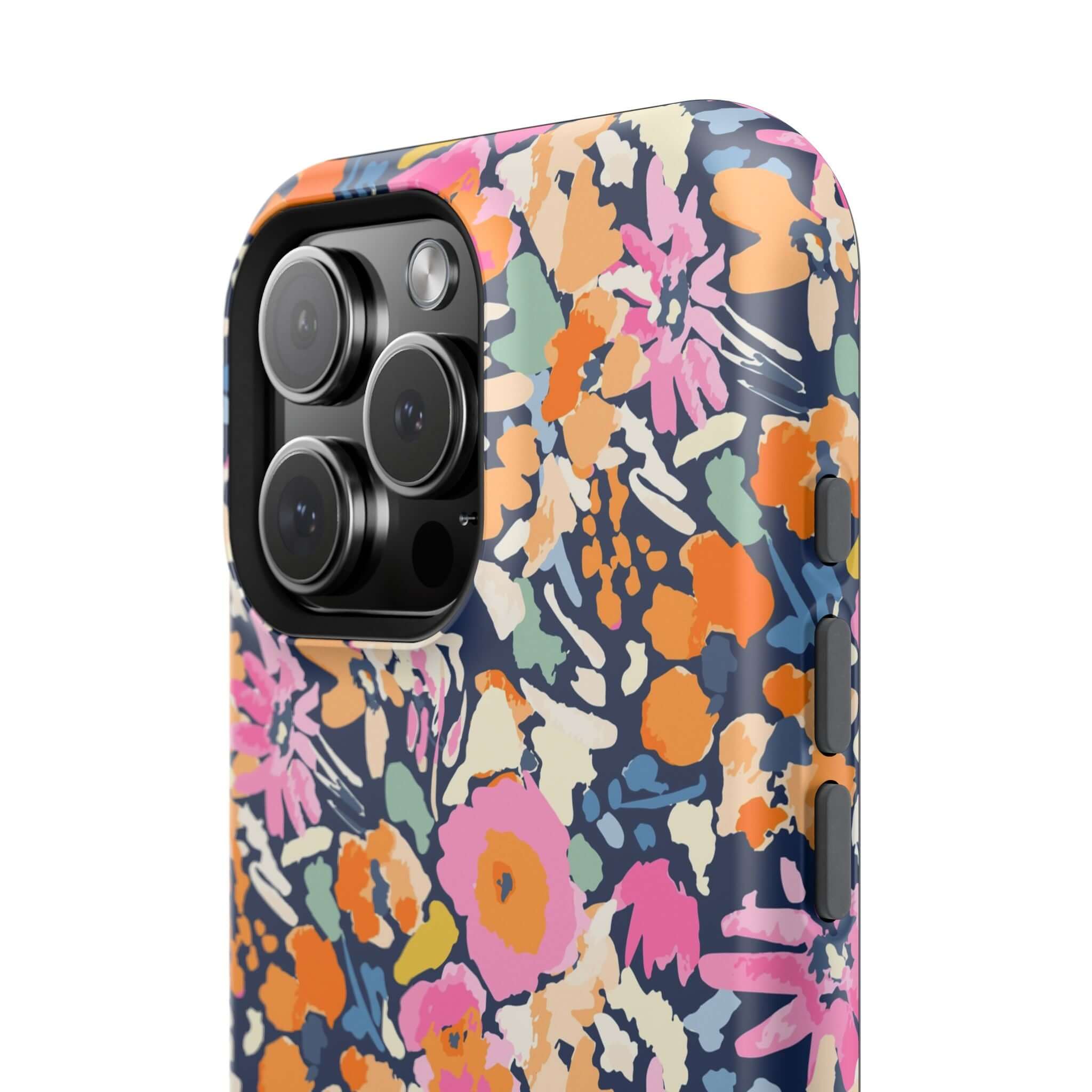 Botanic Burst colorful floral phone case for iPhone 16 with MagSafe compatibility - Cute and protective design.