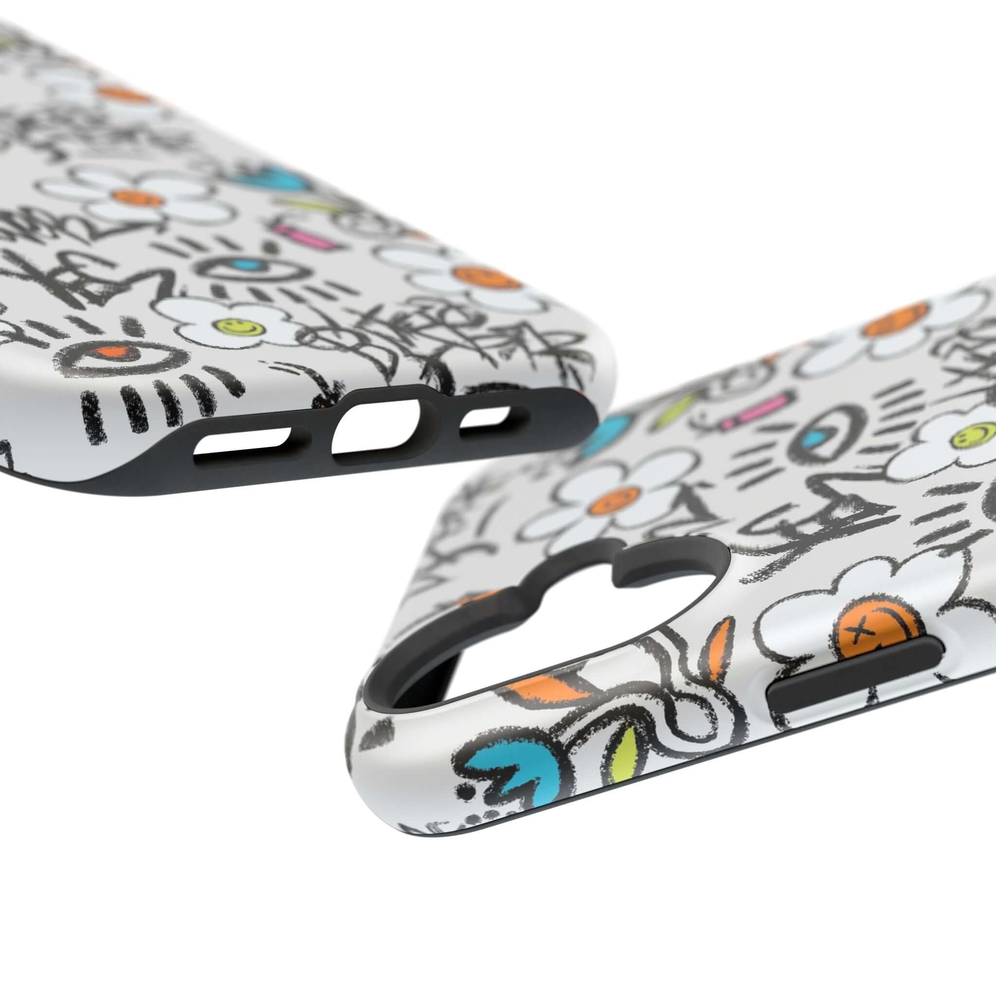 Happy Chaos Floral Graffiti Case showcasing a cute phone cover design with vibrant flowers and playful doodles.