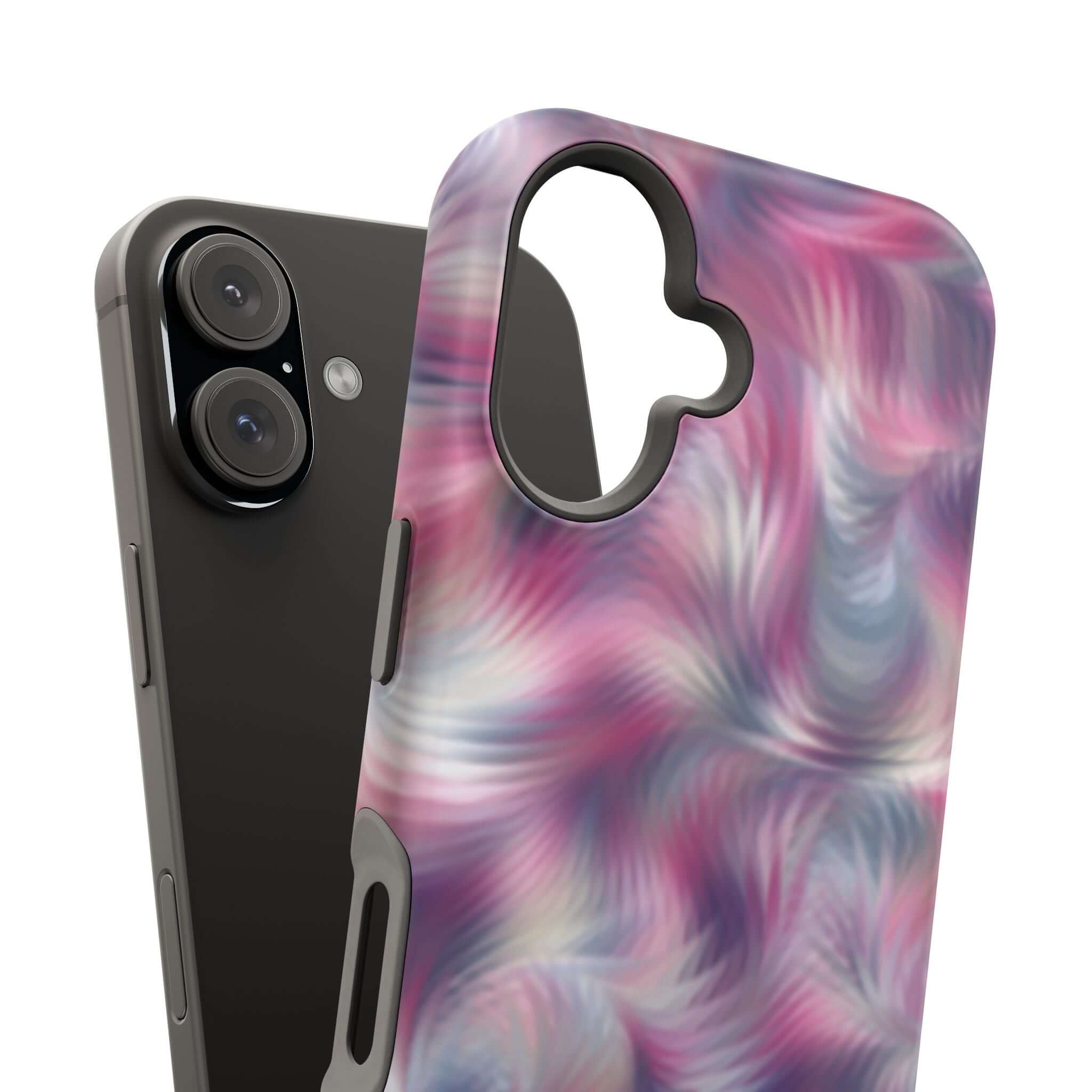 Abstract purple swirl MagSafe iPhone case, quirky tie-dye design, cute phone cover, perfect floral-inspired protection.