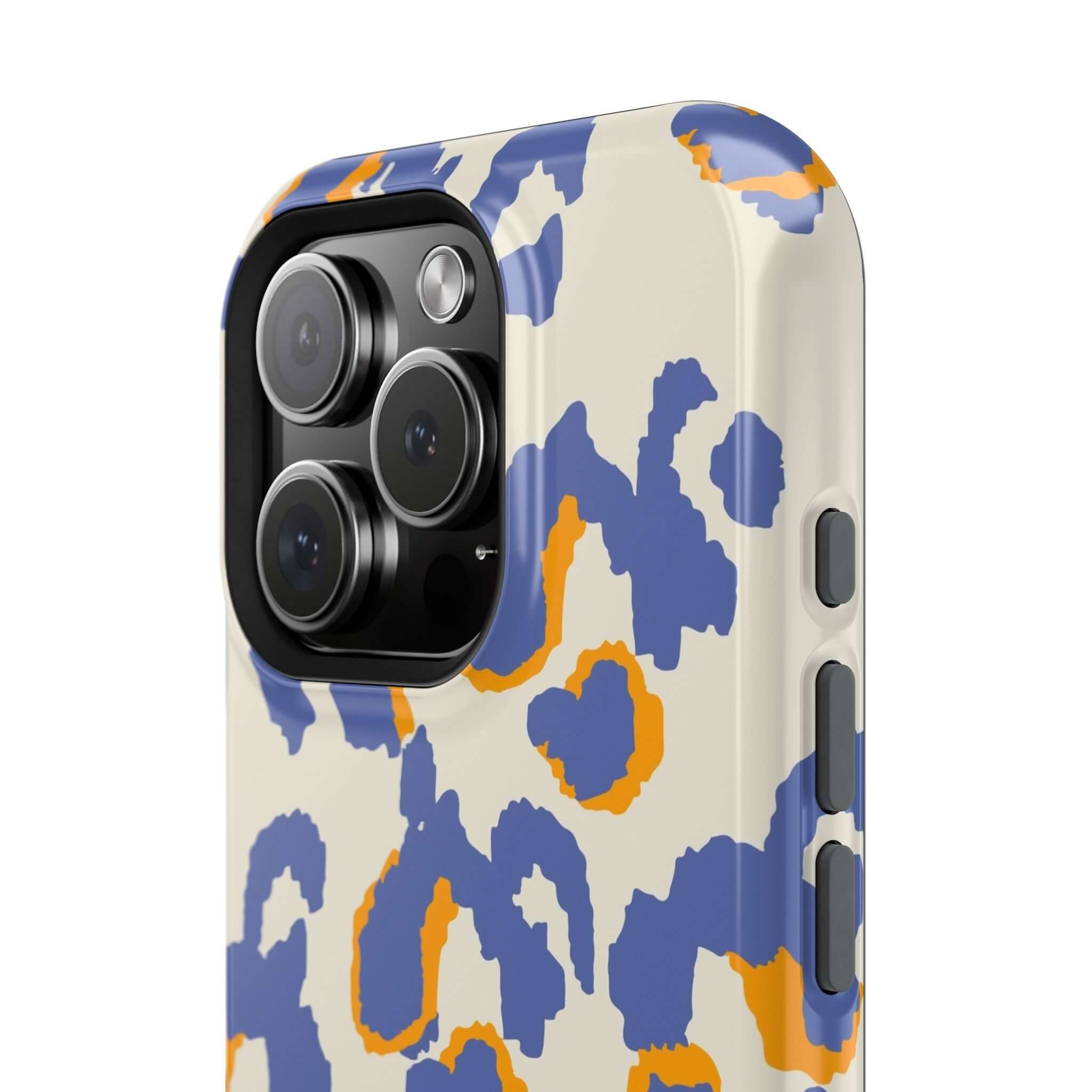 Colorful iPhone case with blue and orange leopard print design, stylish and protective MagSafe cover, cute and abstract phone accessory.