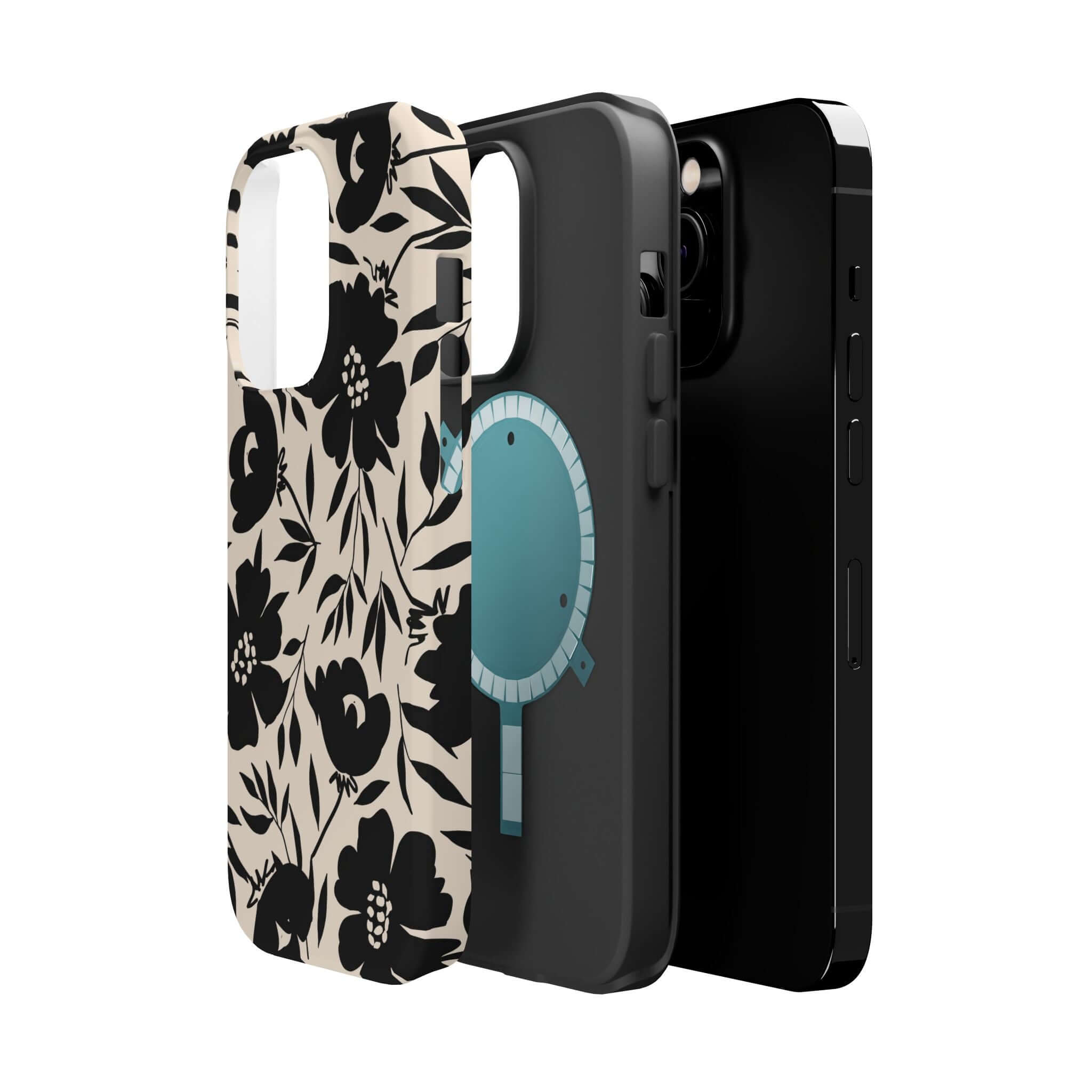 Eclipse Garden Black Floral iPhone 16 Case, cute phone case design with bold black flowers, perfect accessory for a unique style.