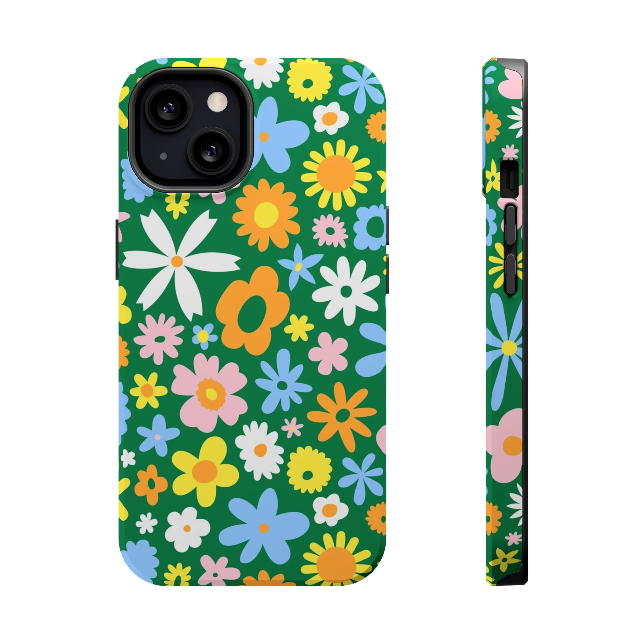 Vibrant floral MagSafe iPhone case with colorful hippie design, perfect cute phone cover for adding a quirky touch to your style.