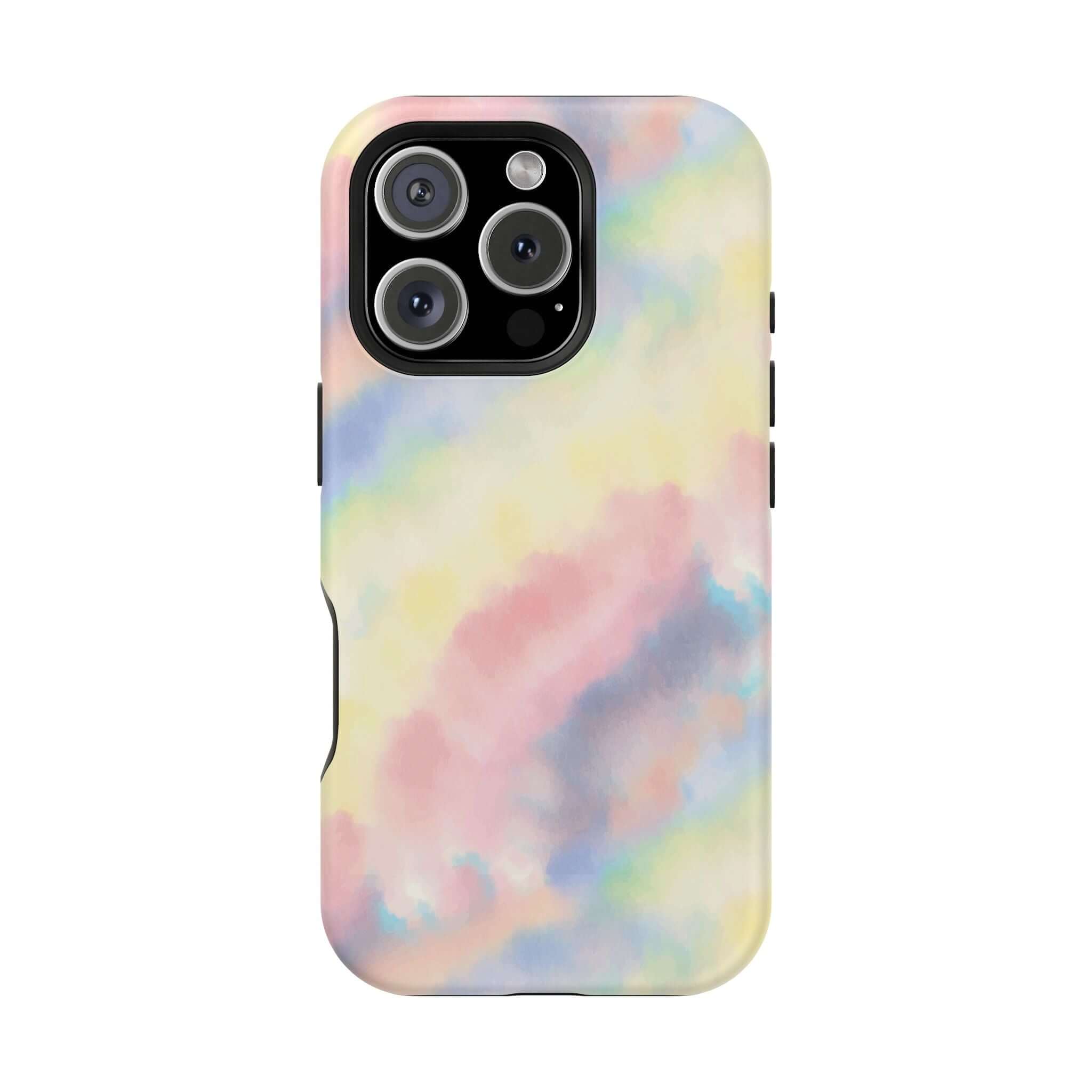 Cute iPhone case with pastel tie dye design, featuring Unicorn Dreams theme and MagSafe compatibility, custom phone case design