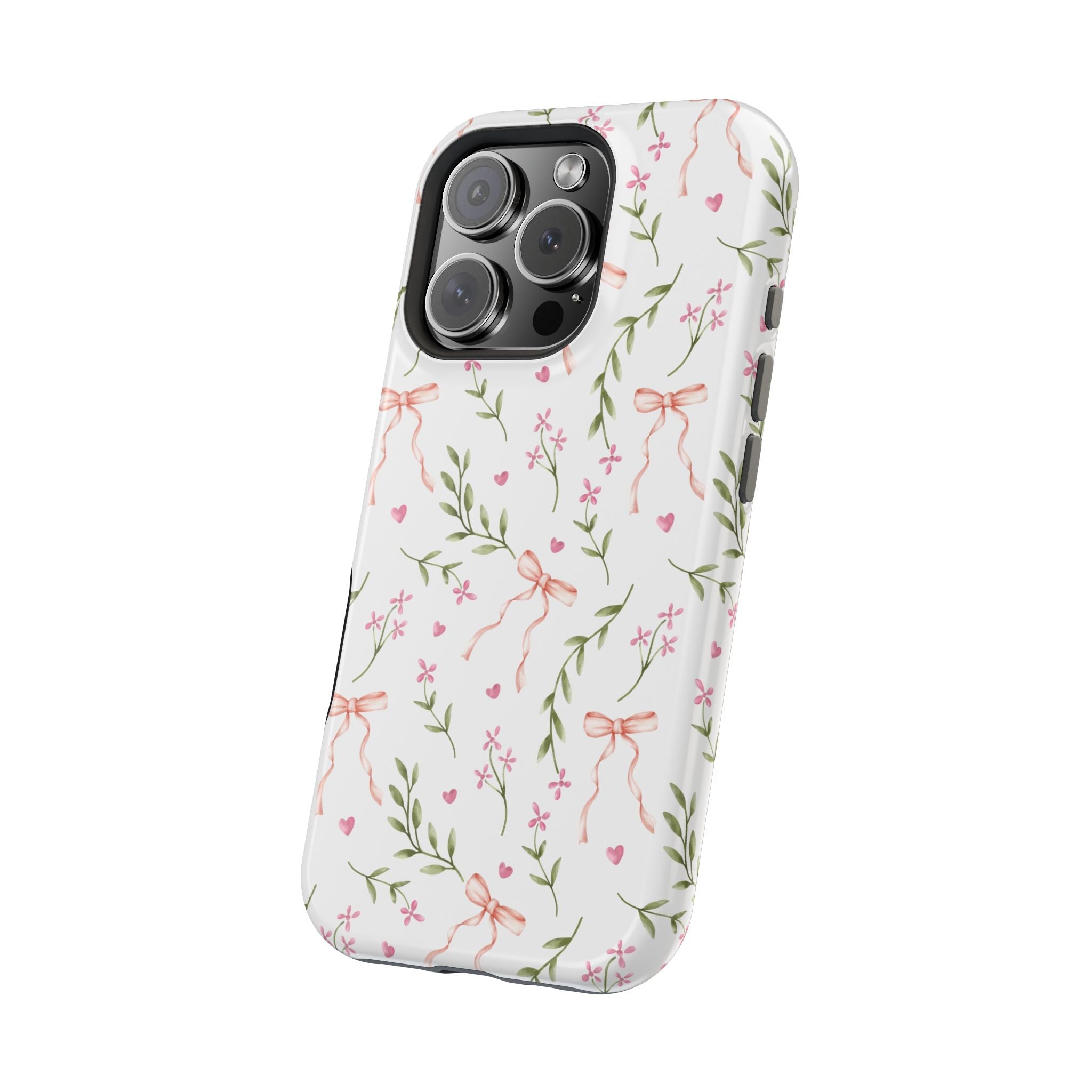 Pink Coquette MagSafe iPhone Case with floral design and bows - Darling Daydream's cute phone cover for stylish and whimsical look.