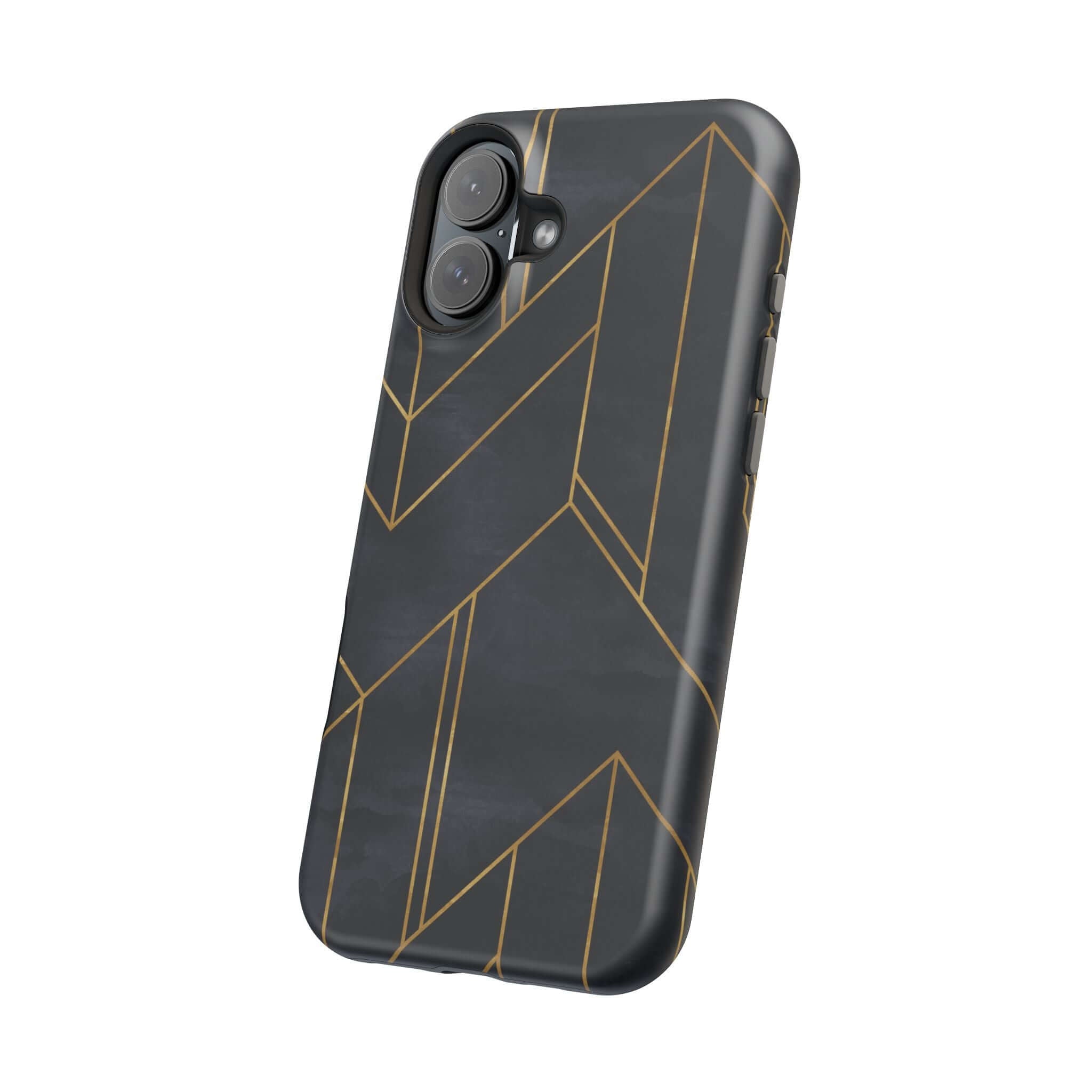 Modern geometric iPhone case with sleek black design and abstract gold lines, perfect for adding colorful, cute style and protection.