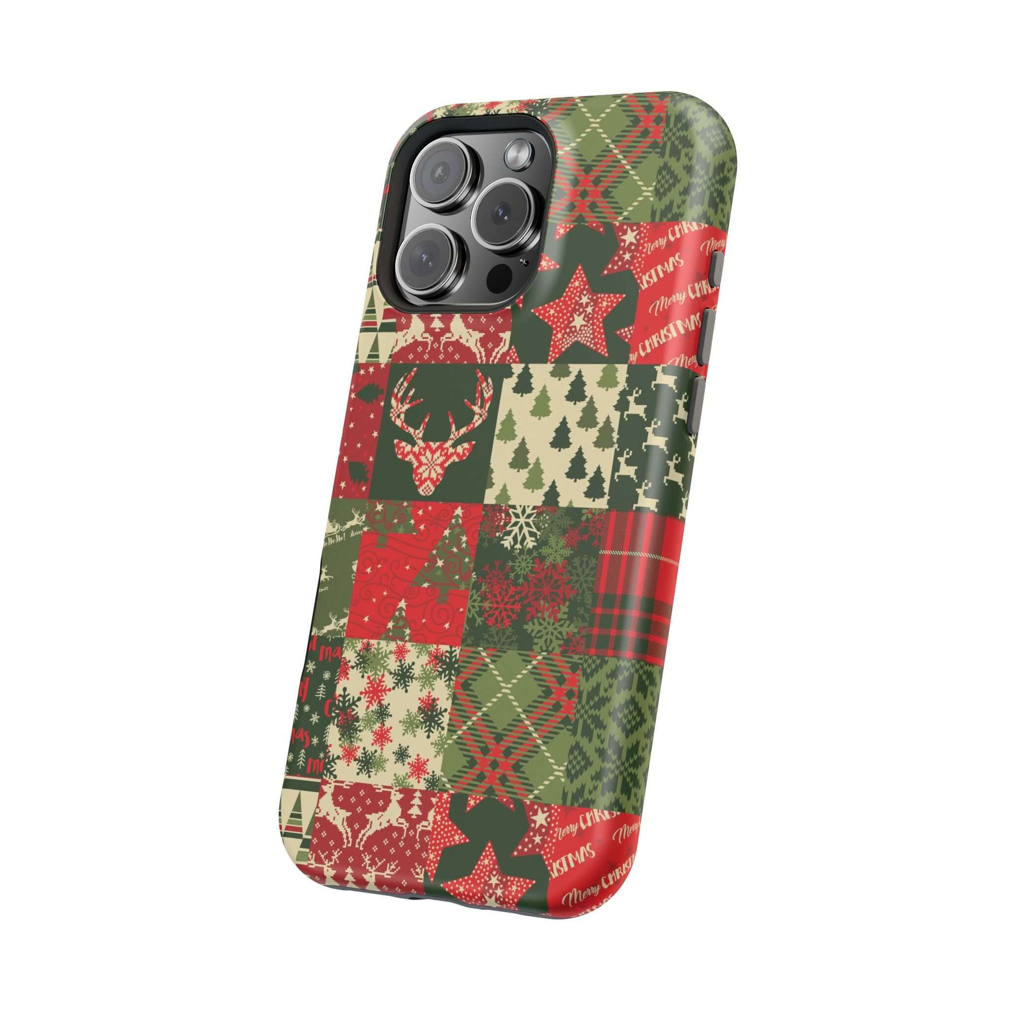 Festive Cozy Quiltmas MagSafe case with holiday patchwork design for Christmas, cute xmas phone cover, snug holiday case.