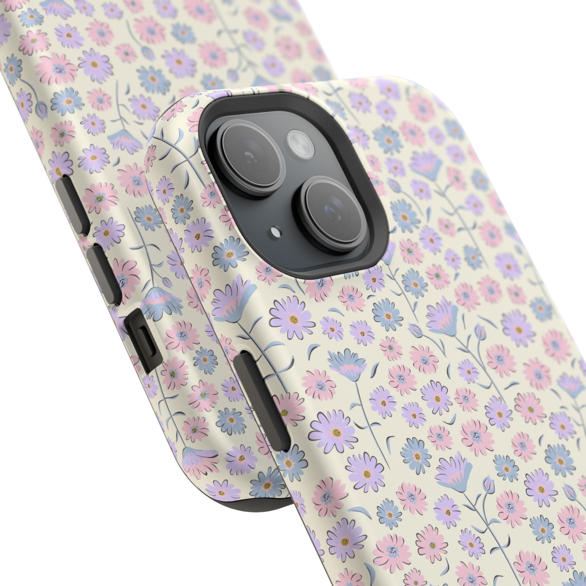 Cute pink flower MagSafe iPhone 16 case with cottagecore design, featuring delicate floral patterns for a charming and stylish phone cover.