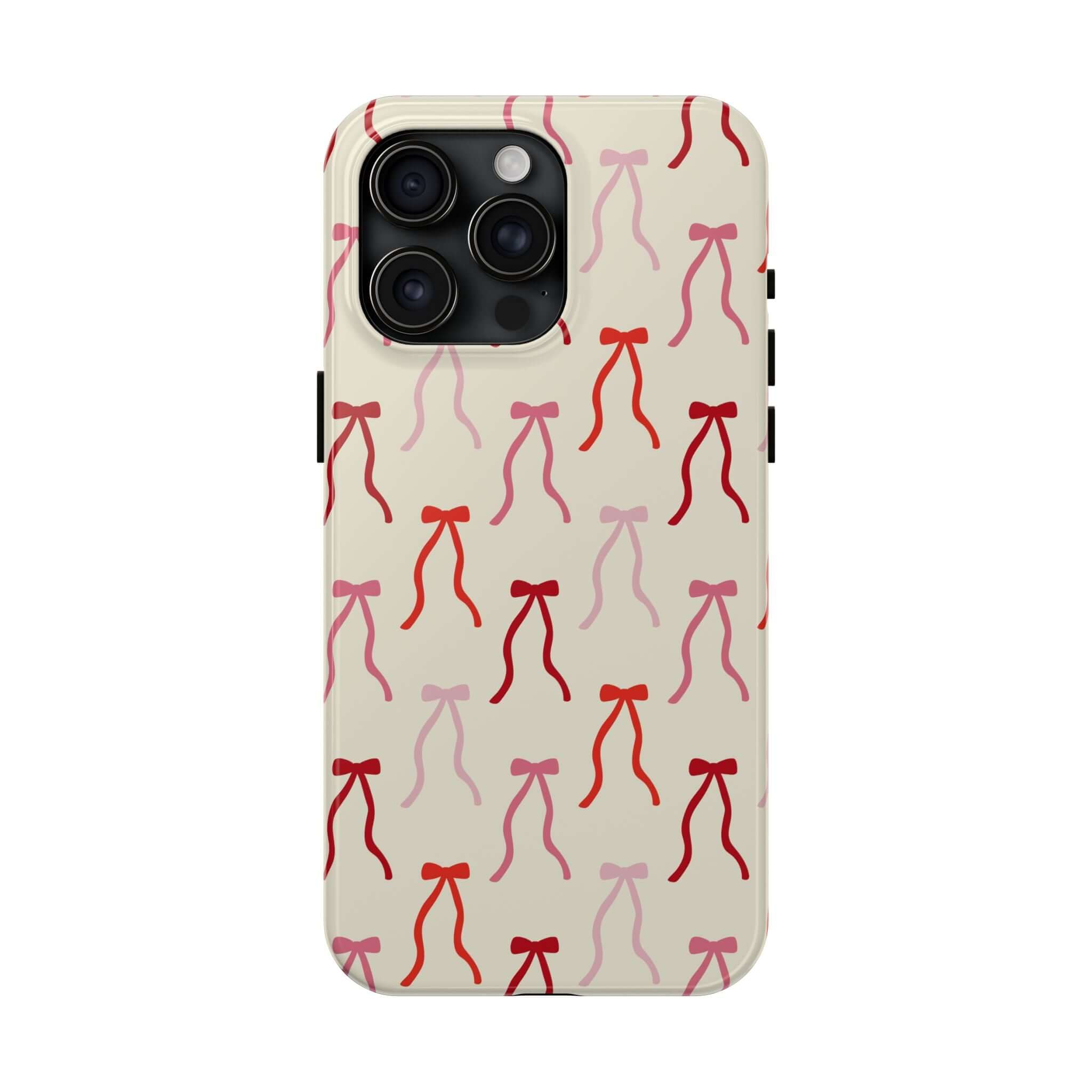 Beige phone case with red and pink coquette bow design for iPhone 16, perfect cute phone case to add playful style.