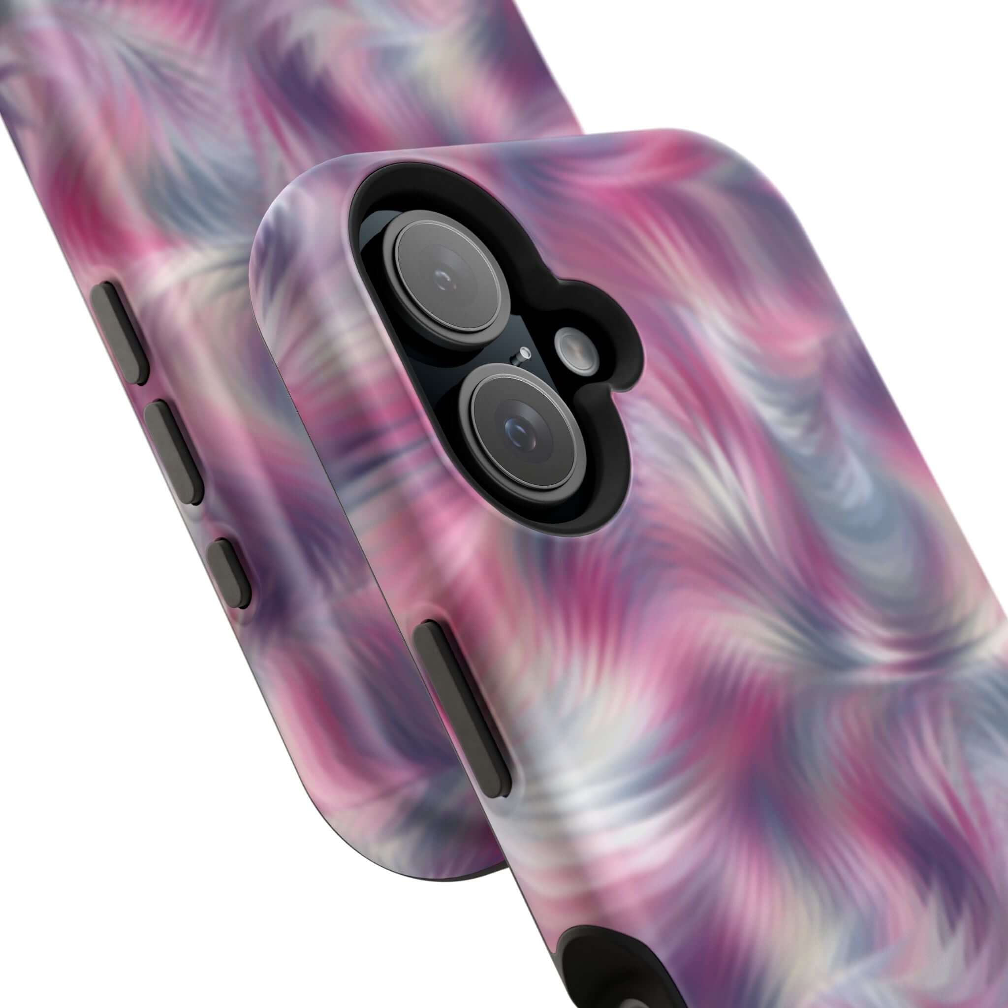 Purple tie dye swirl MagSafe iPhone case, cute phone cover with abstract floral design, adds quirky elegance to your phone.