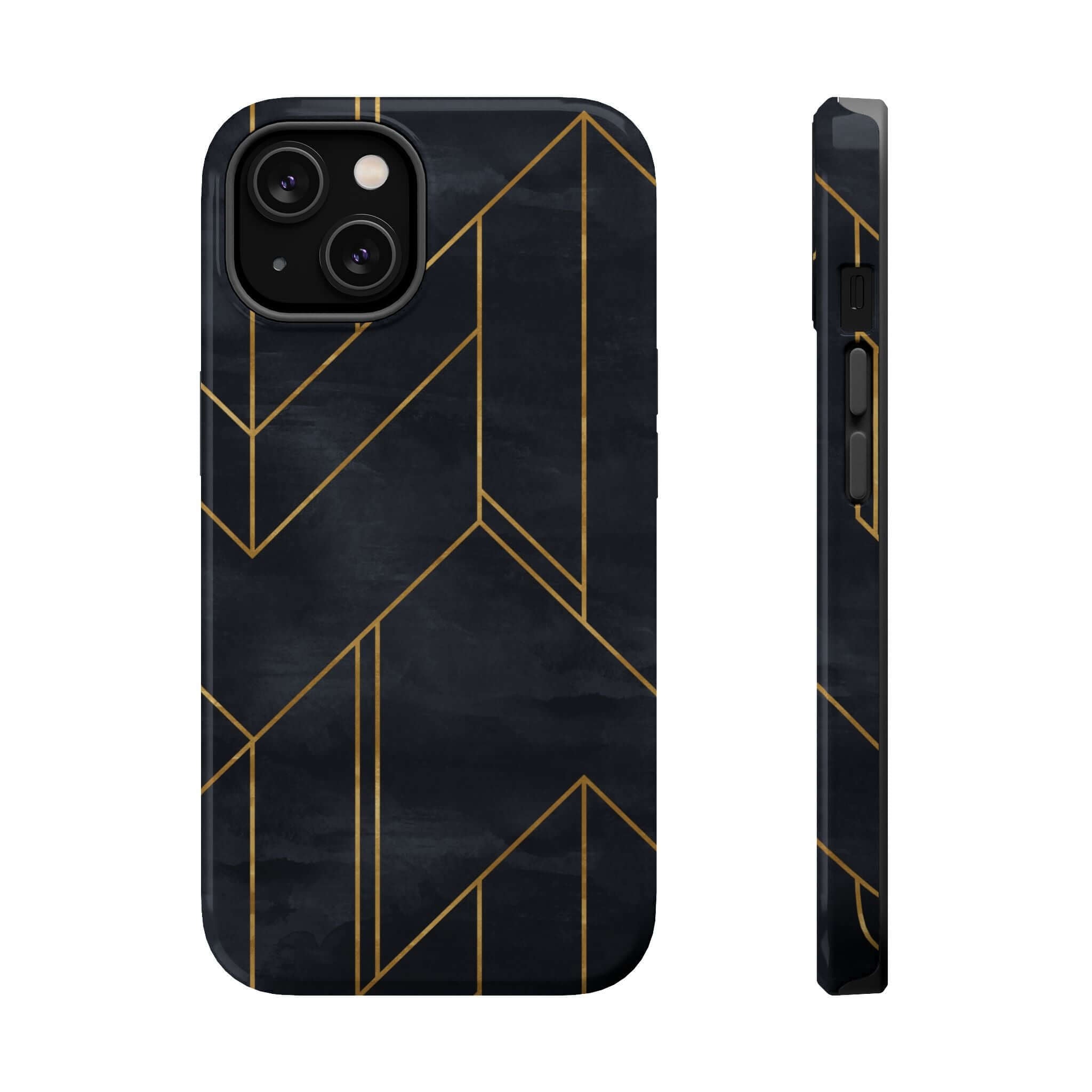 Modern geometric black iPhone case with sleek gold lines, Urban Vibe design, colorful and cute abstract phone accessory.