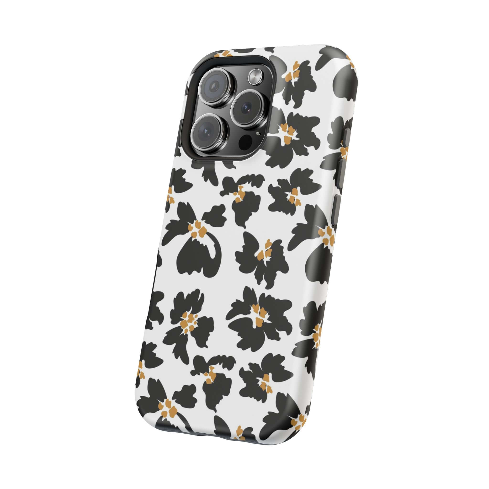 Modern phone case with black floral design, featuring cute animal print for iPhone. Stylish MagSafe case for fashion-forward users.