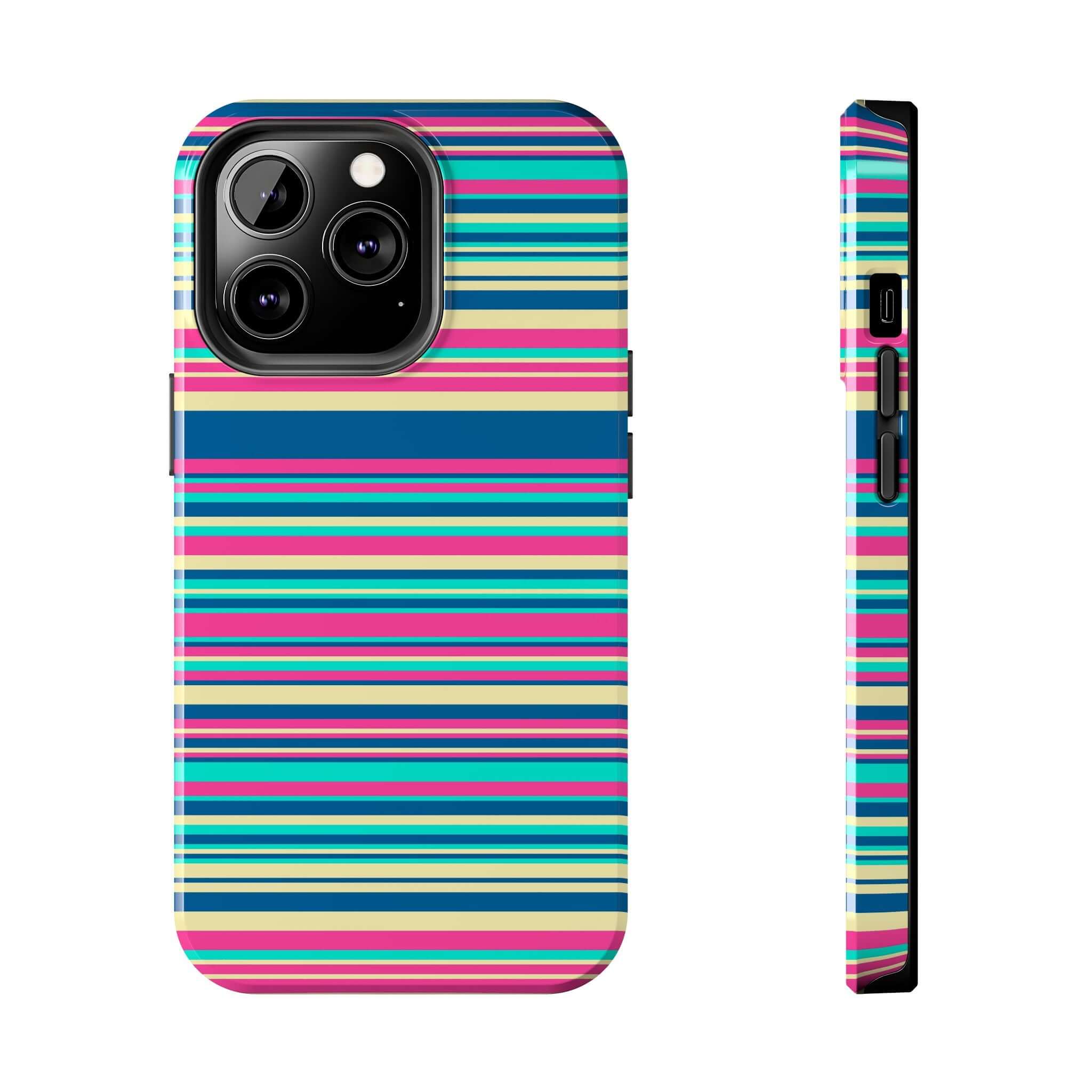 Colorful striped iPhone case for iPhone 14 and iPhone 15, cute and playful phone cover with free shipping.