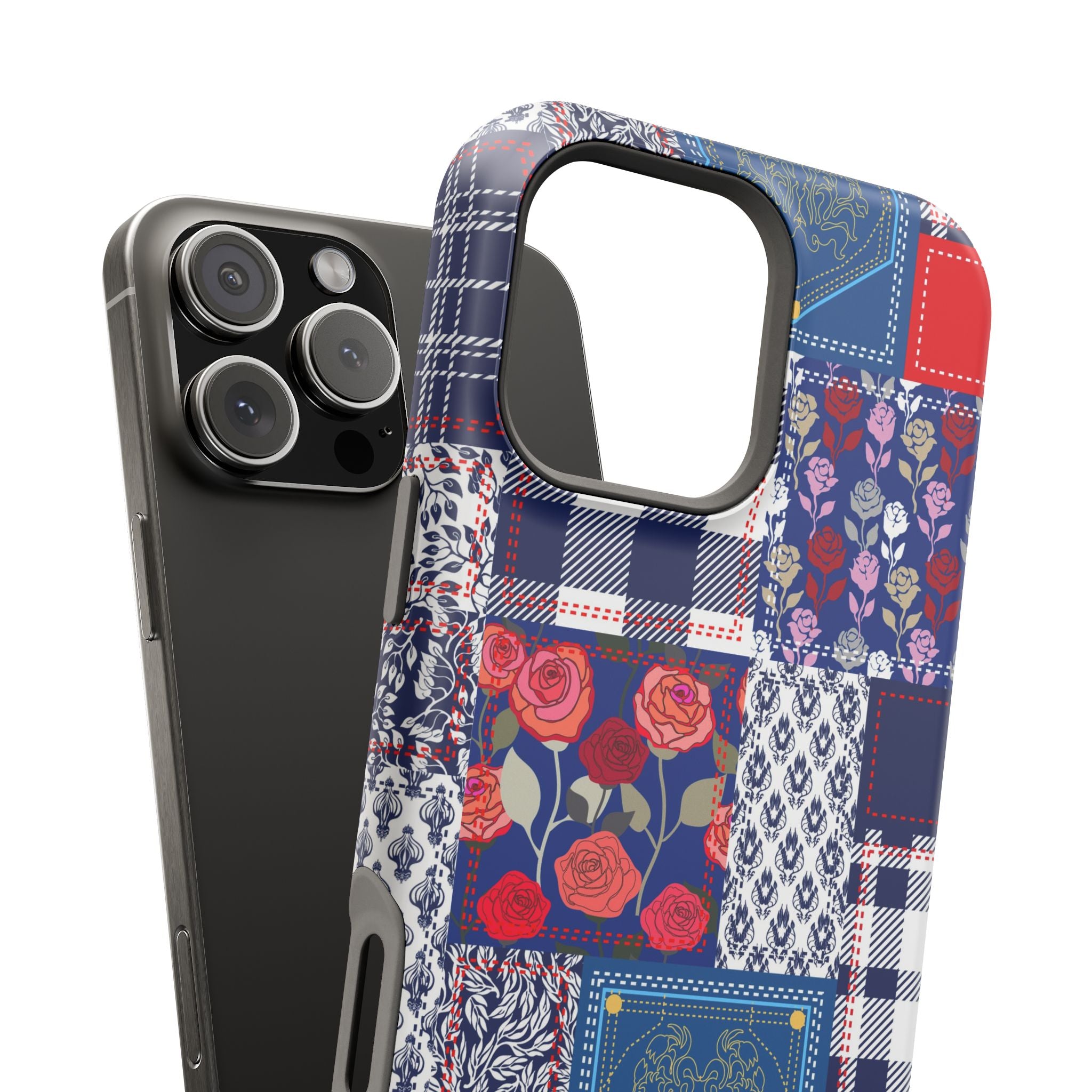 Crimson Bloom | Blue Patchwork Case