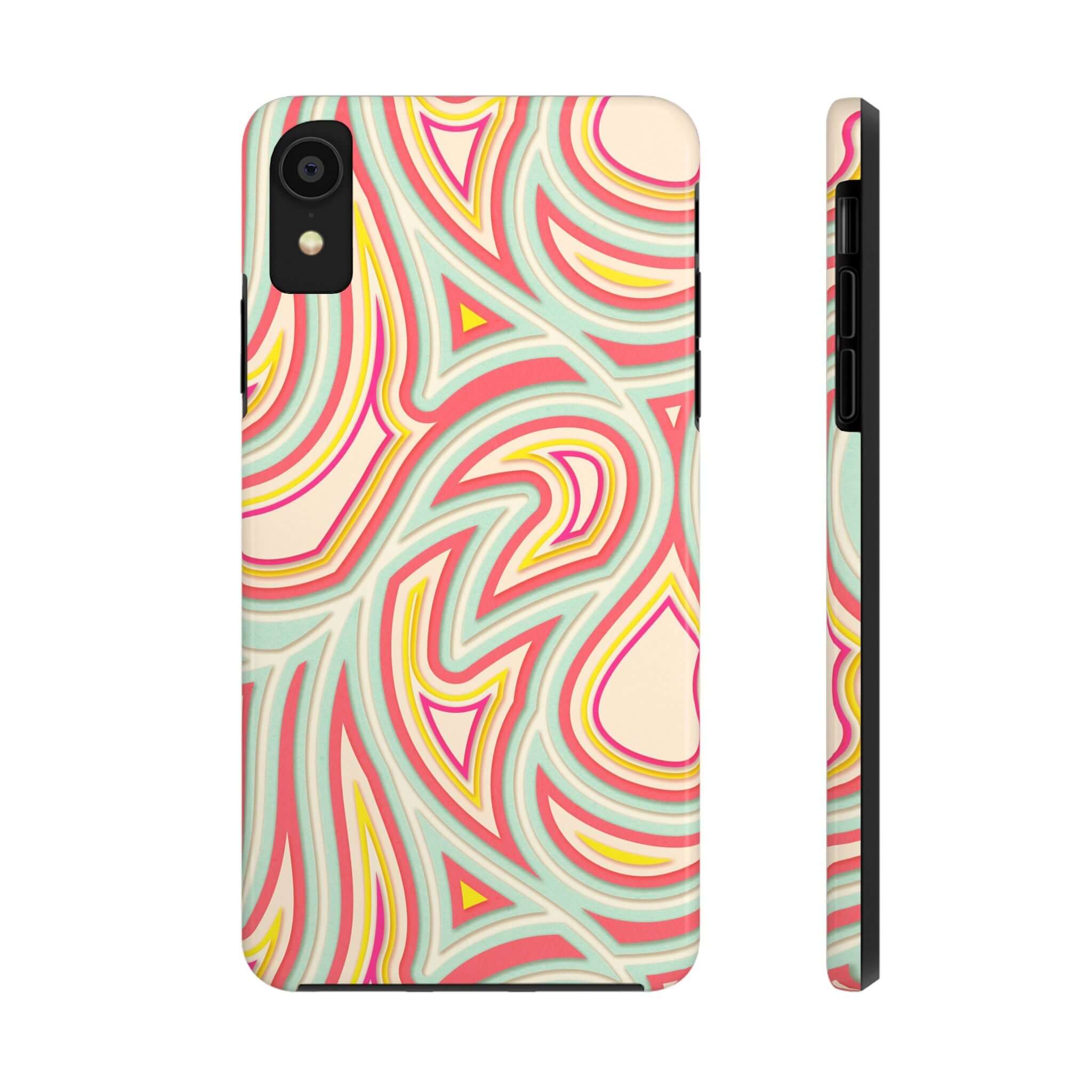 Retro abstract phone case with groovy waves pattern for iPhone and Samsung, colorful and playful design phone cover with flowers.