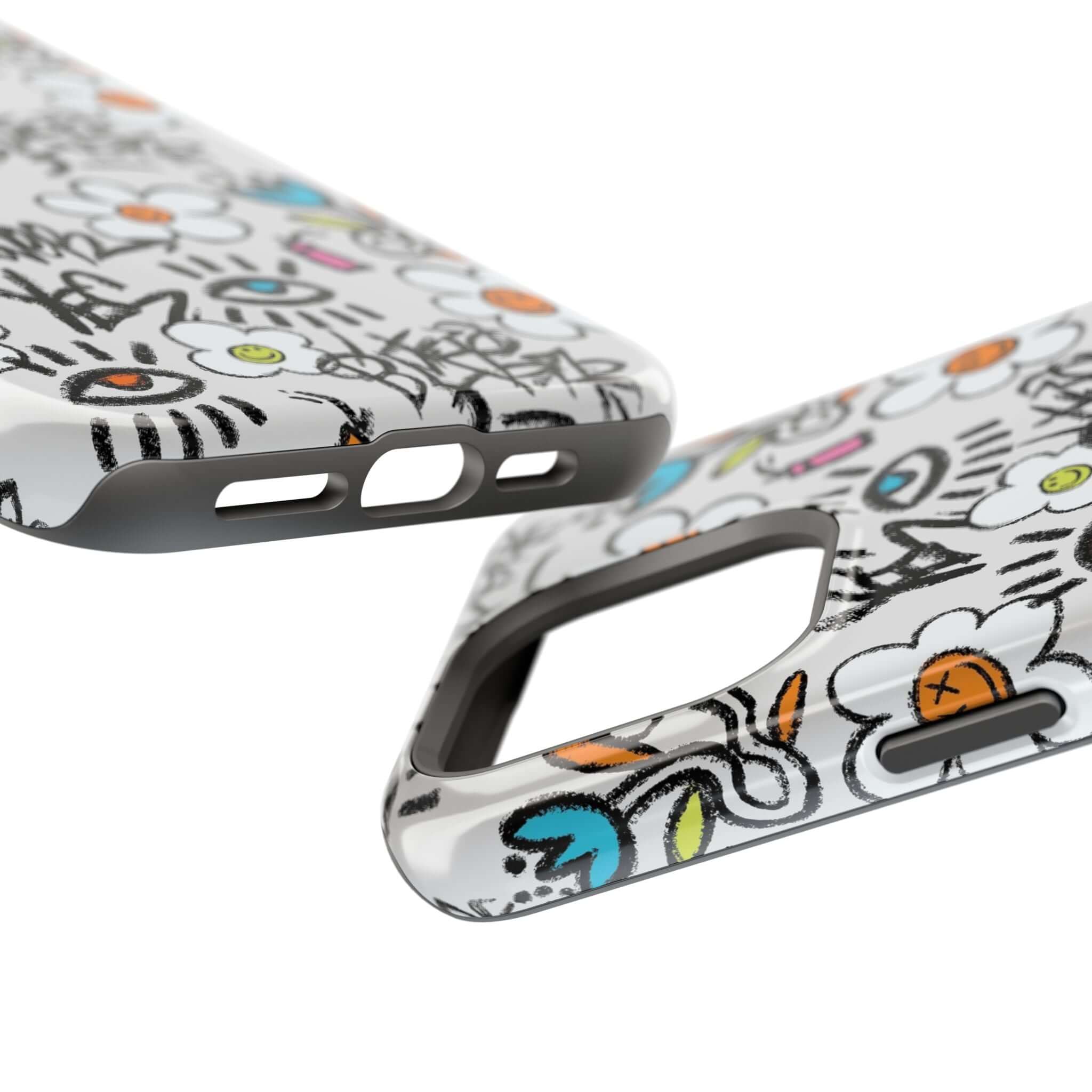 Colorful Happy Chaos Floral Graffiti Phone Case showcasing cute design and MagSafe compatibility for iPhone.