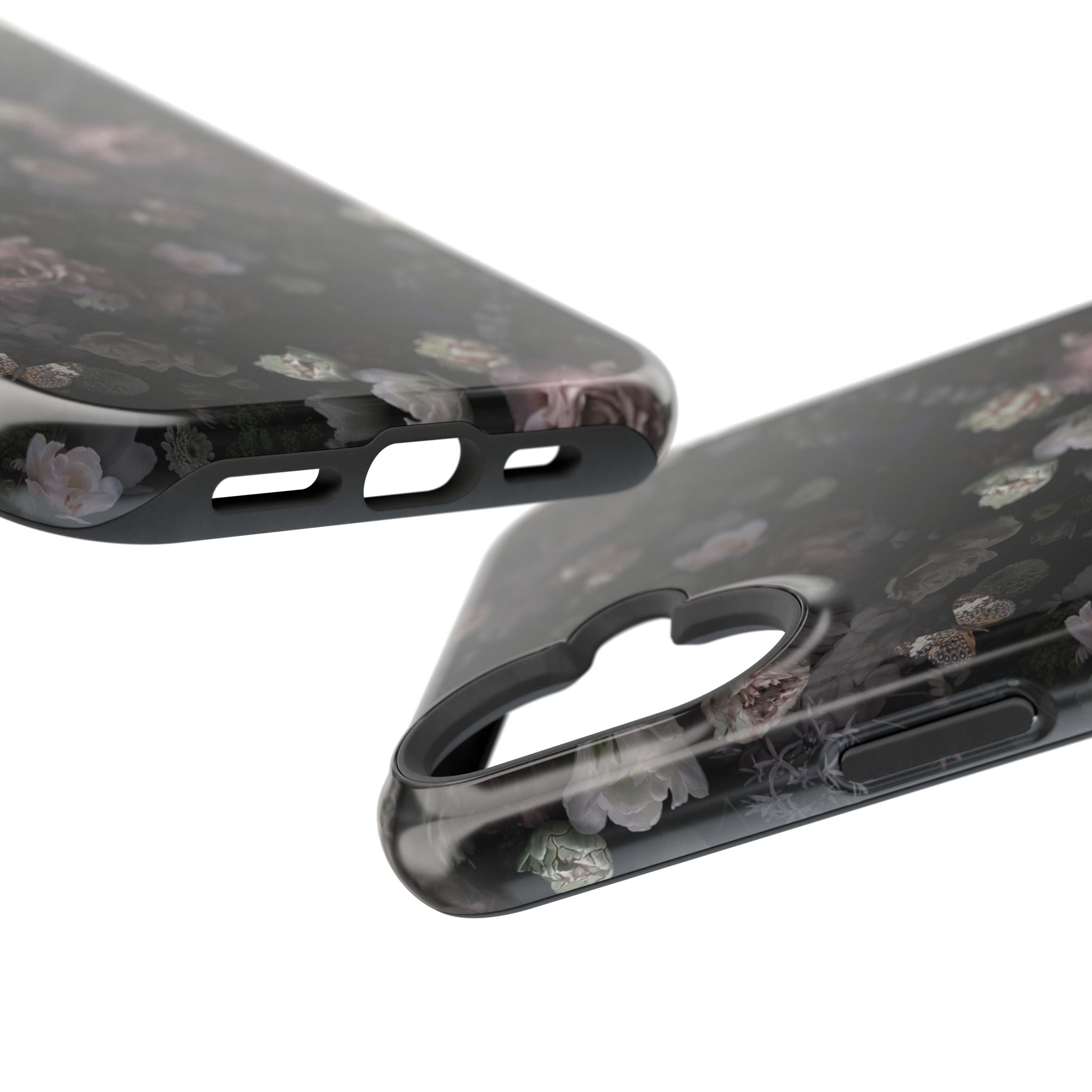 Midnight Curse black floral MagSafe iPhone case with cute phone cover design, showcasing elegant black roses for stylish protection.