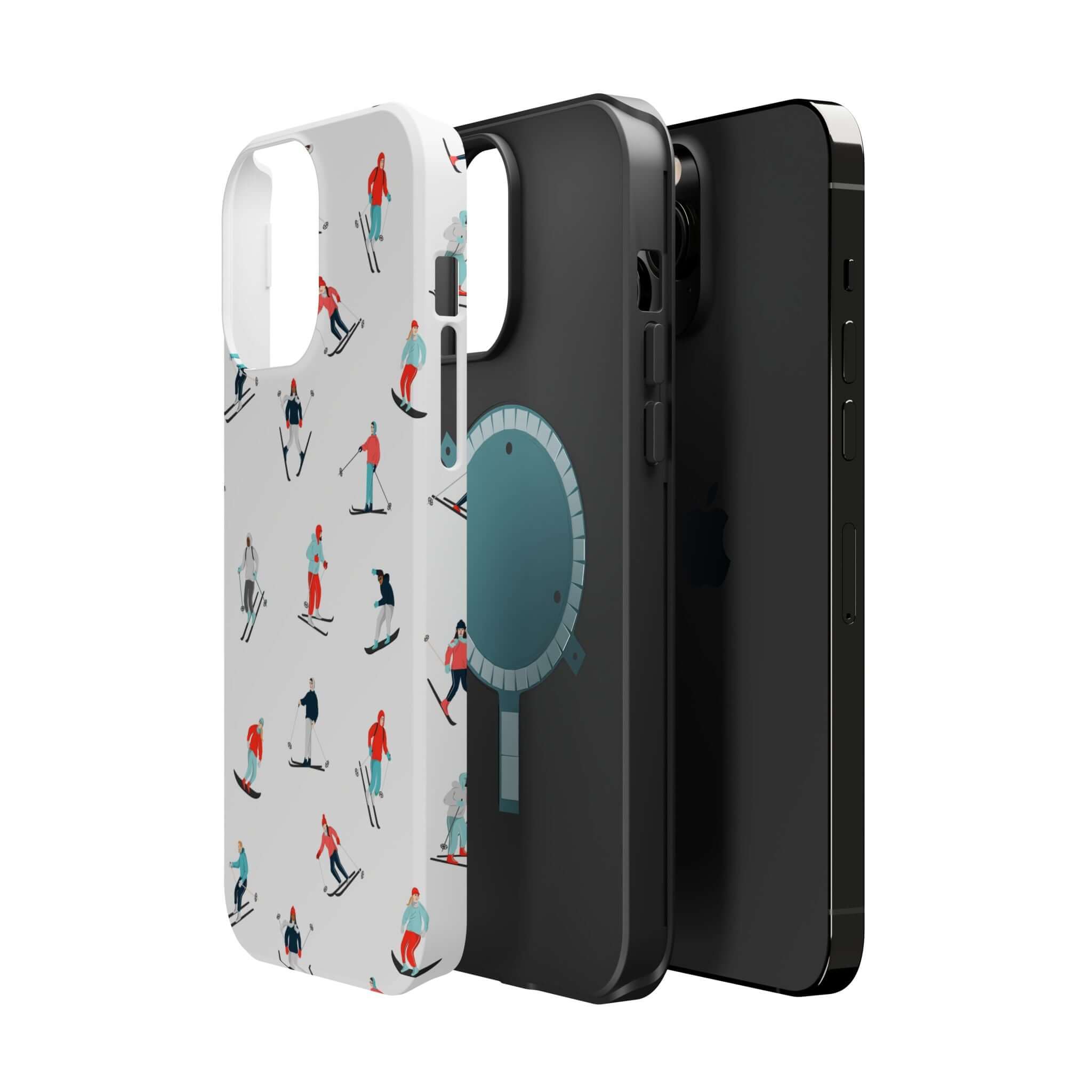 Cute phone cover with skiing design next to black phone case, perfect for winter sports enthusiasts.