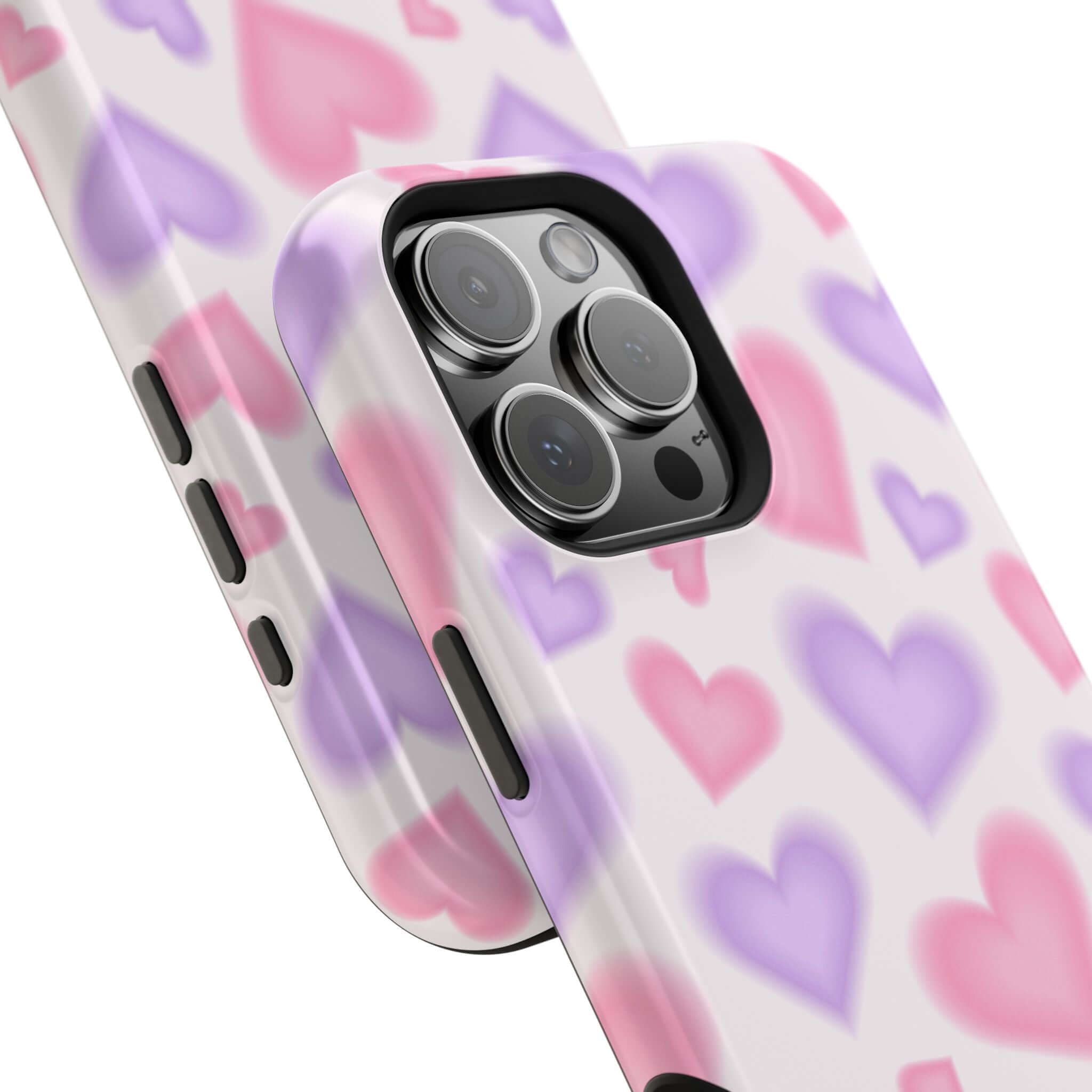 Blurred Love case with pink and purple hearts, designed for Apple iPhone, offering a cute and playful phone cover.