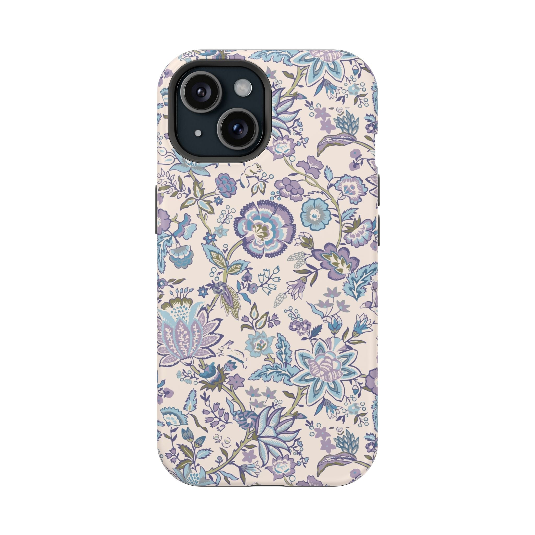 Blue CottageCore MagSafe iPhone Case with floral design, cute phone cover for nature lovers, whimsical garden strolls theme