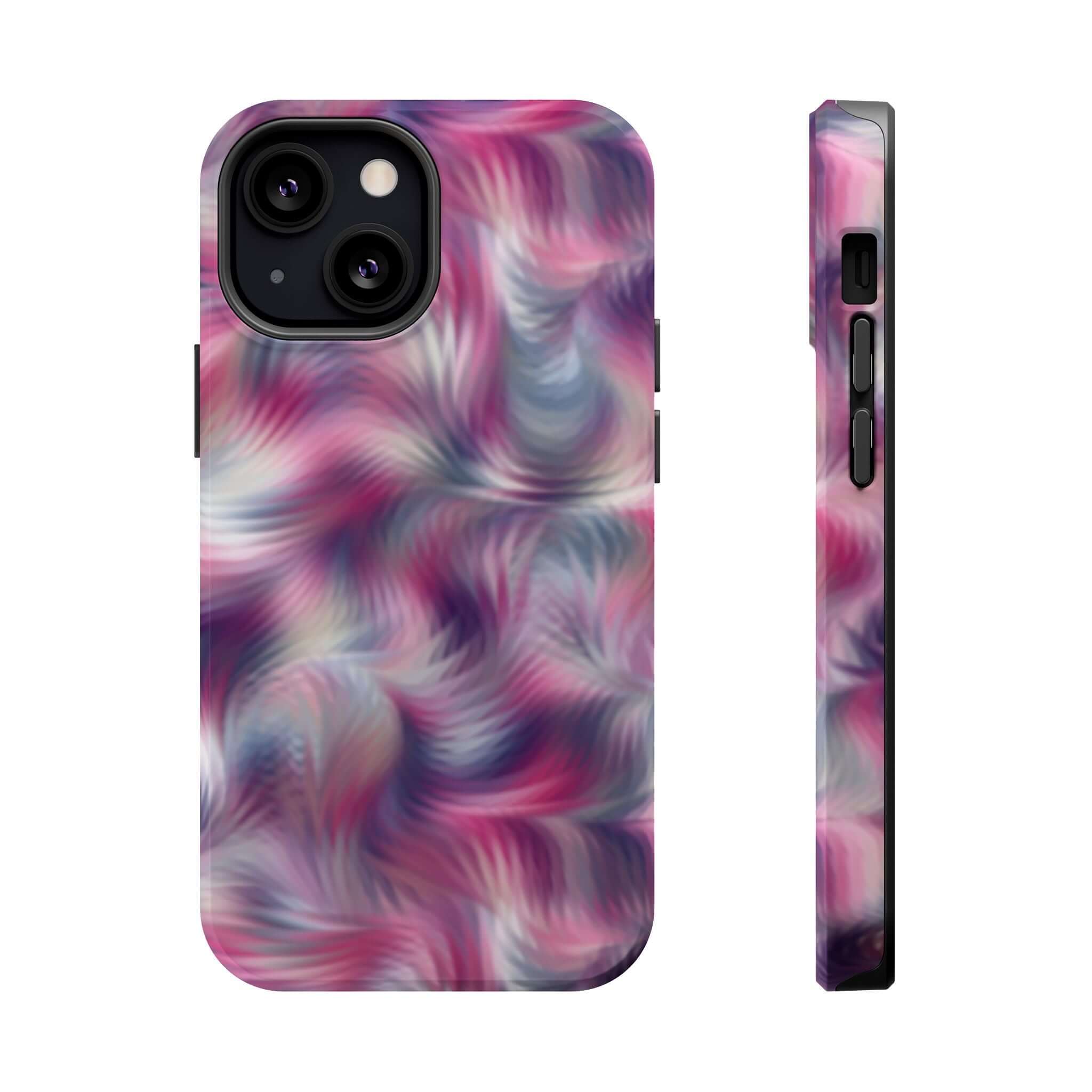 Purple abstract MagSafe iPhone case with tie dye swirl design, cute phone cover for a quirky look.