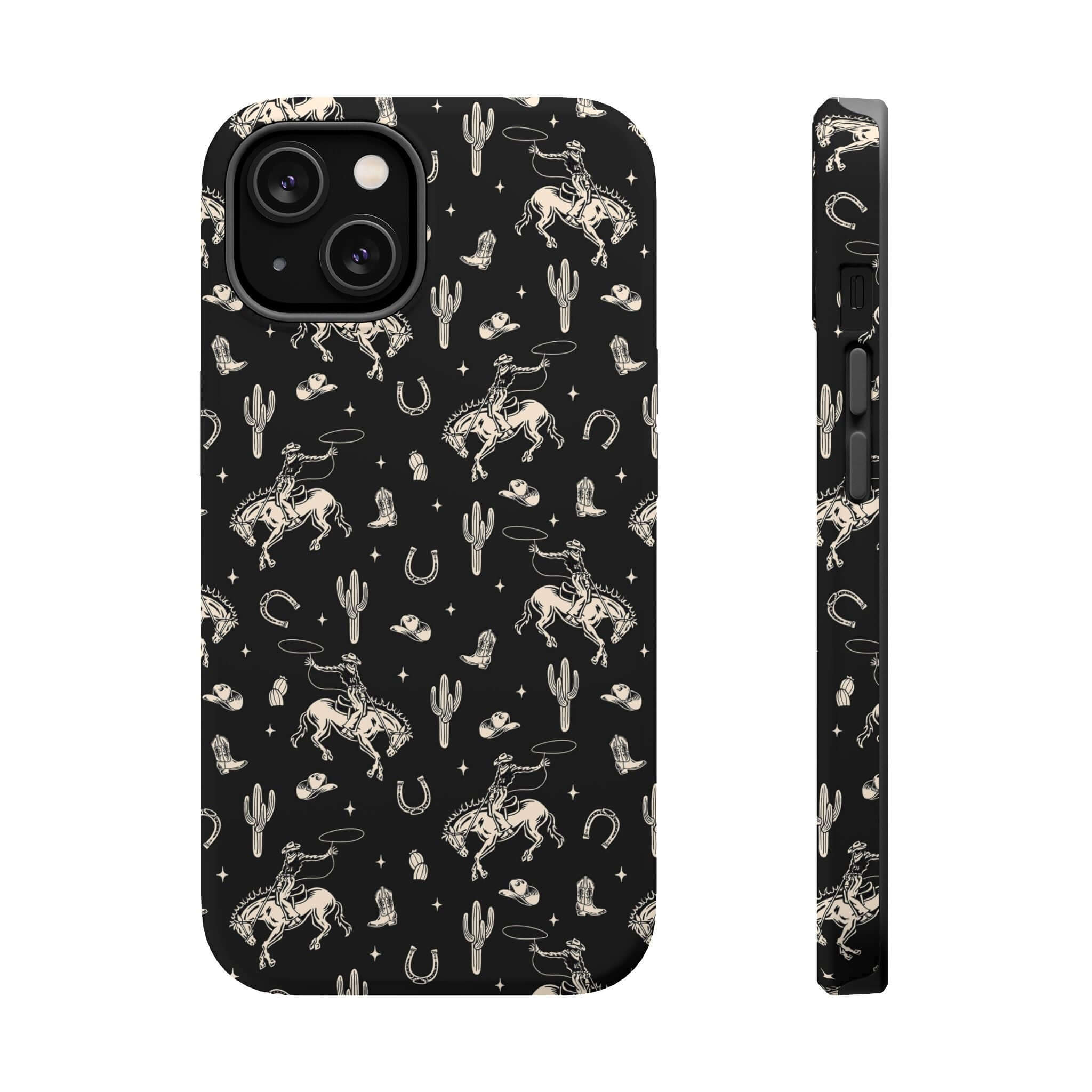 Twilight Cowgirl black western iPhone case with cute rodeo and cactus design, perfect cowgirl-inspired iPhone case with free shipping.