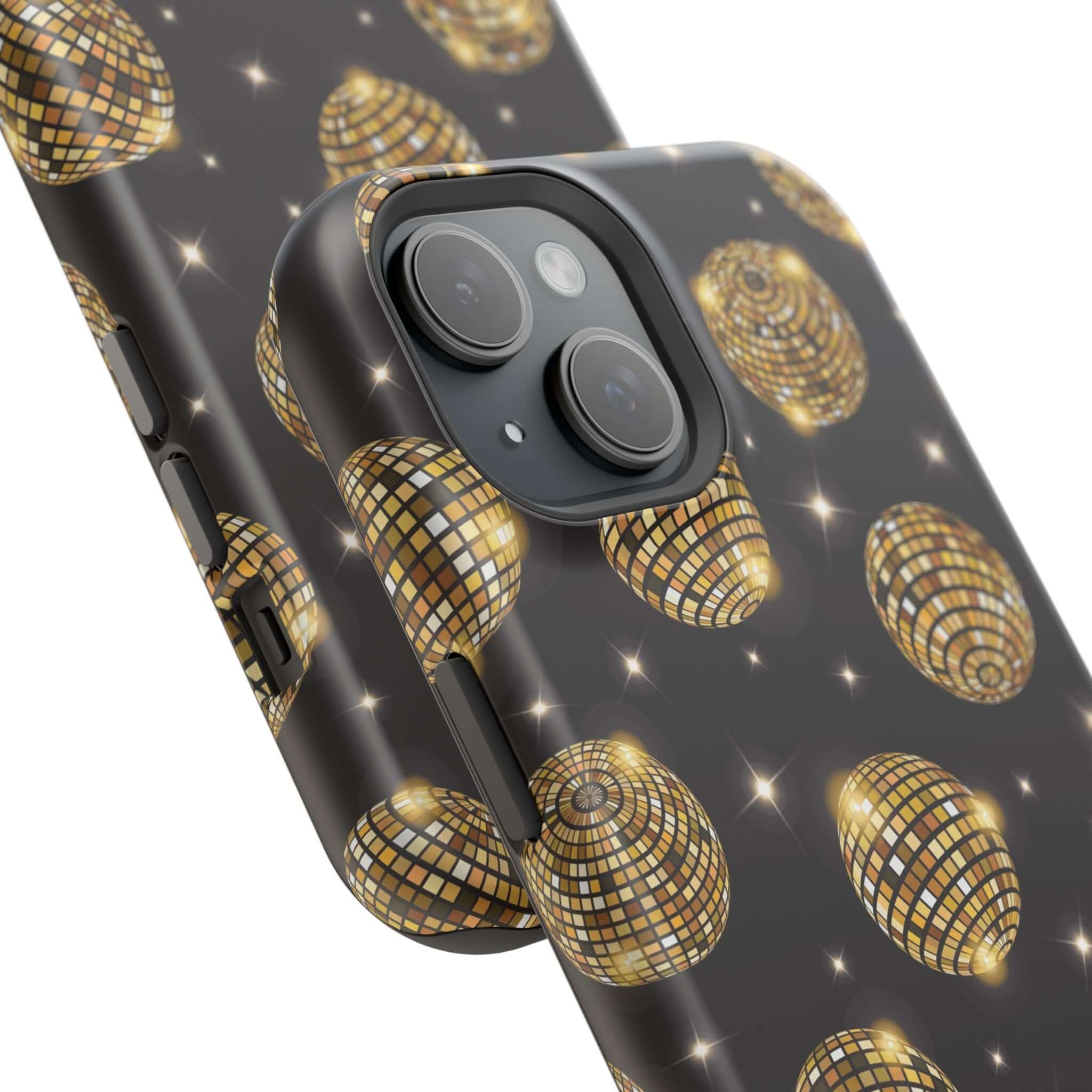 Cute iPhone 14 gold disco ball case with shimmering design and free shipping