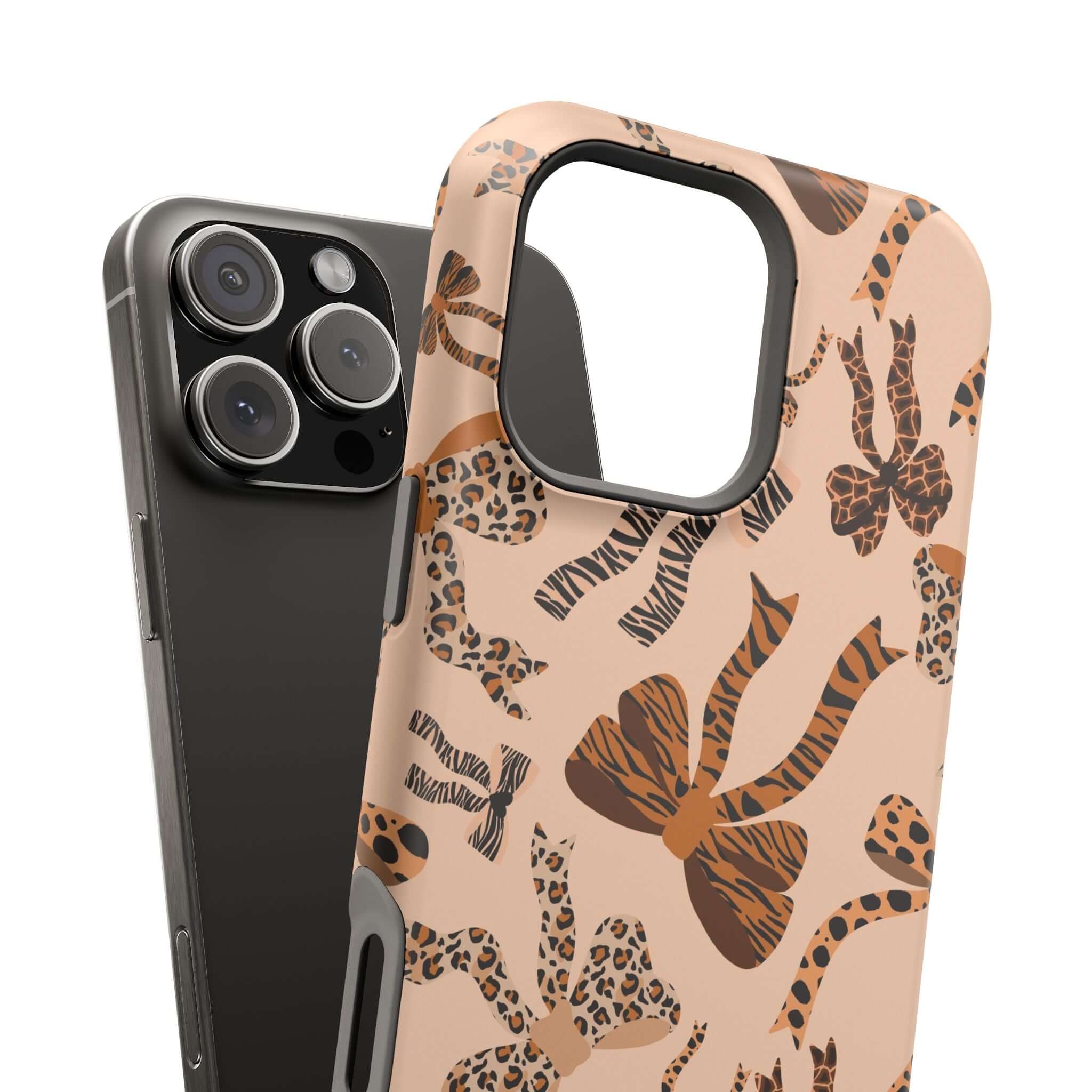 Colorful iPhone case with cute leopard bows, featuring a playful abstract pattern. Perfect MagSafe accessory for wild, stylish looks.