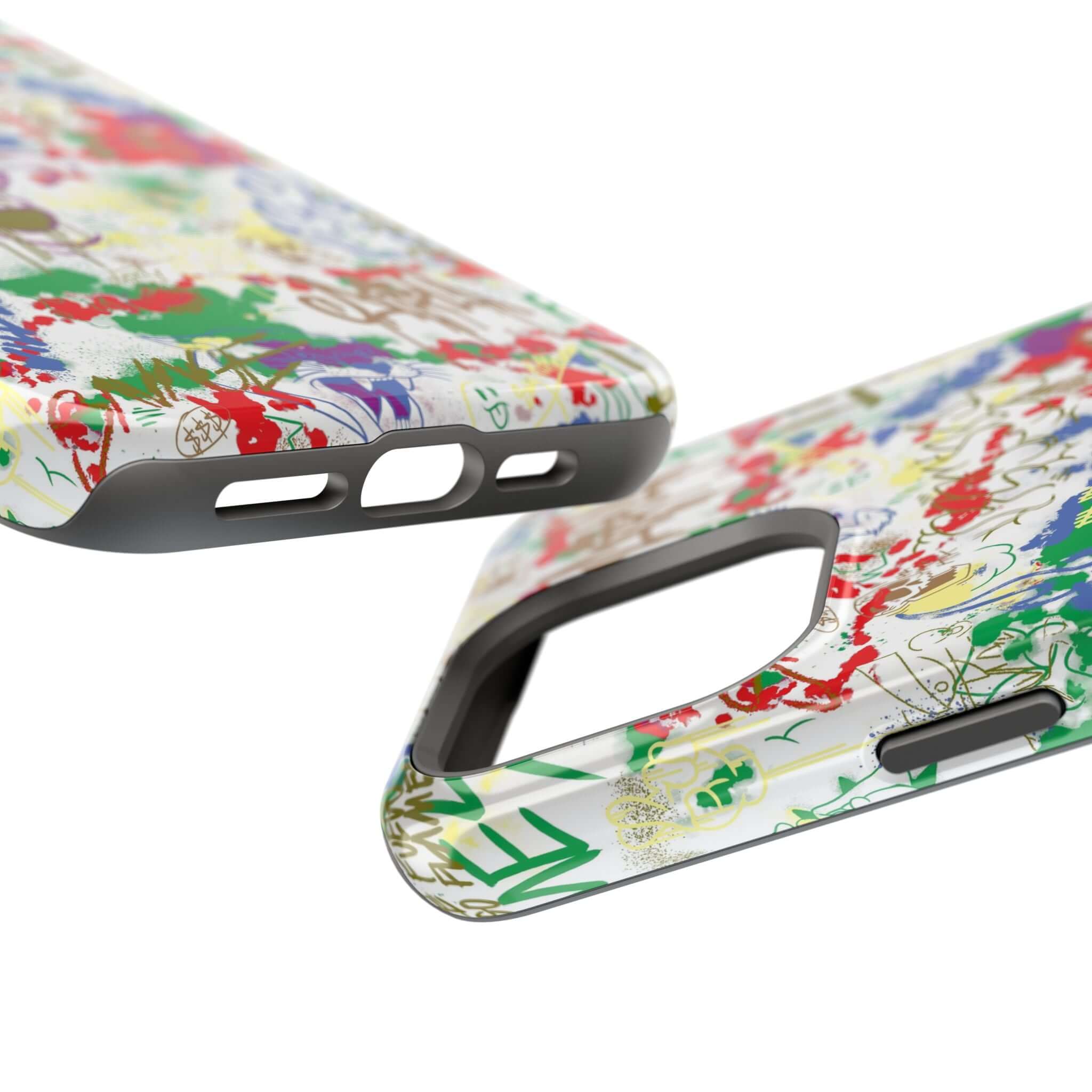 Close-up of the Art Attack colorful graffiti phone case showcasing its vibrant design and MagSafe compatibility.