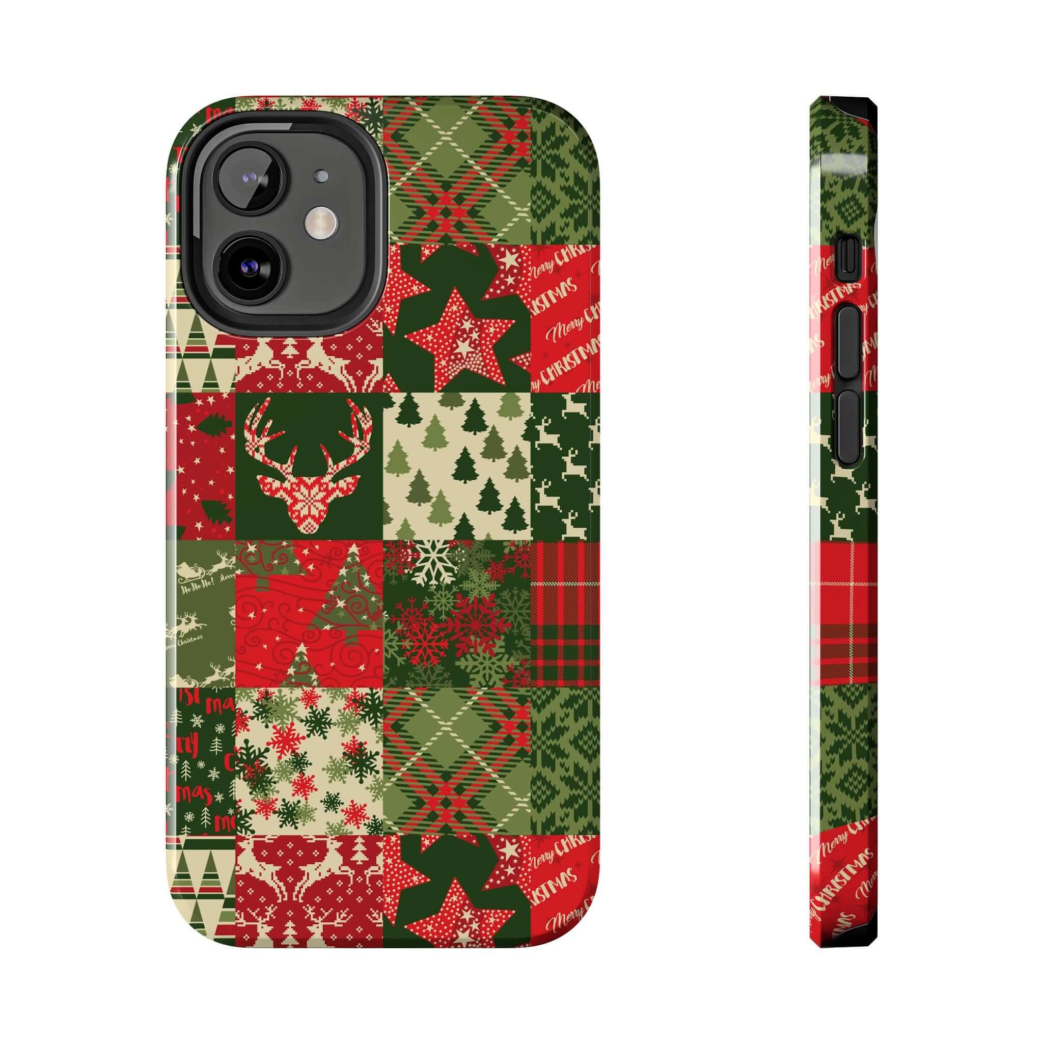 Festive green quilt-patterned iPhone case with Christmas trees, reindeer, and stars. Cute custom phone case design for the holidays.