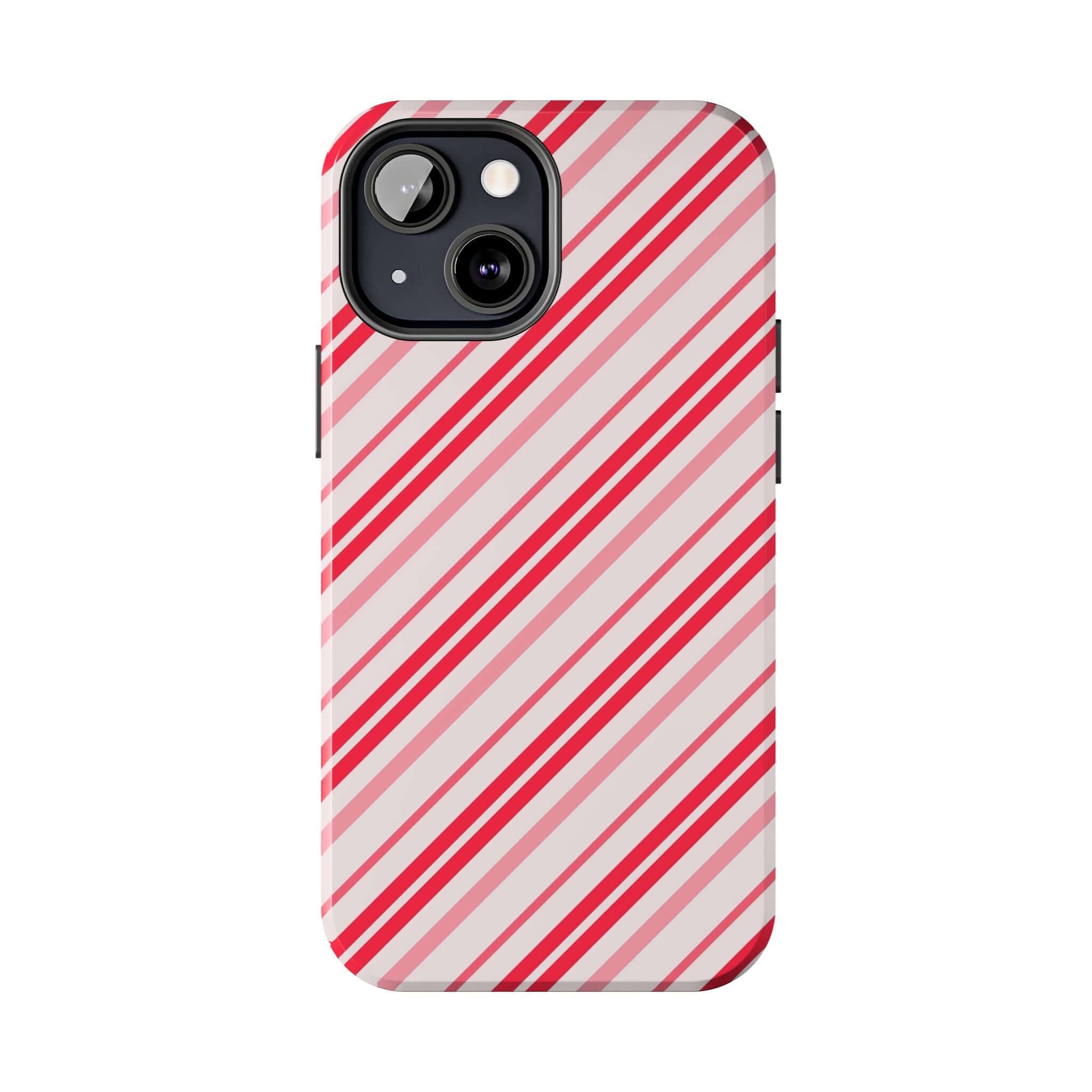 Striped holiday phone case with red and white candy cane design, perfect for a cute custom iPhone case to celebrate Christmas.