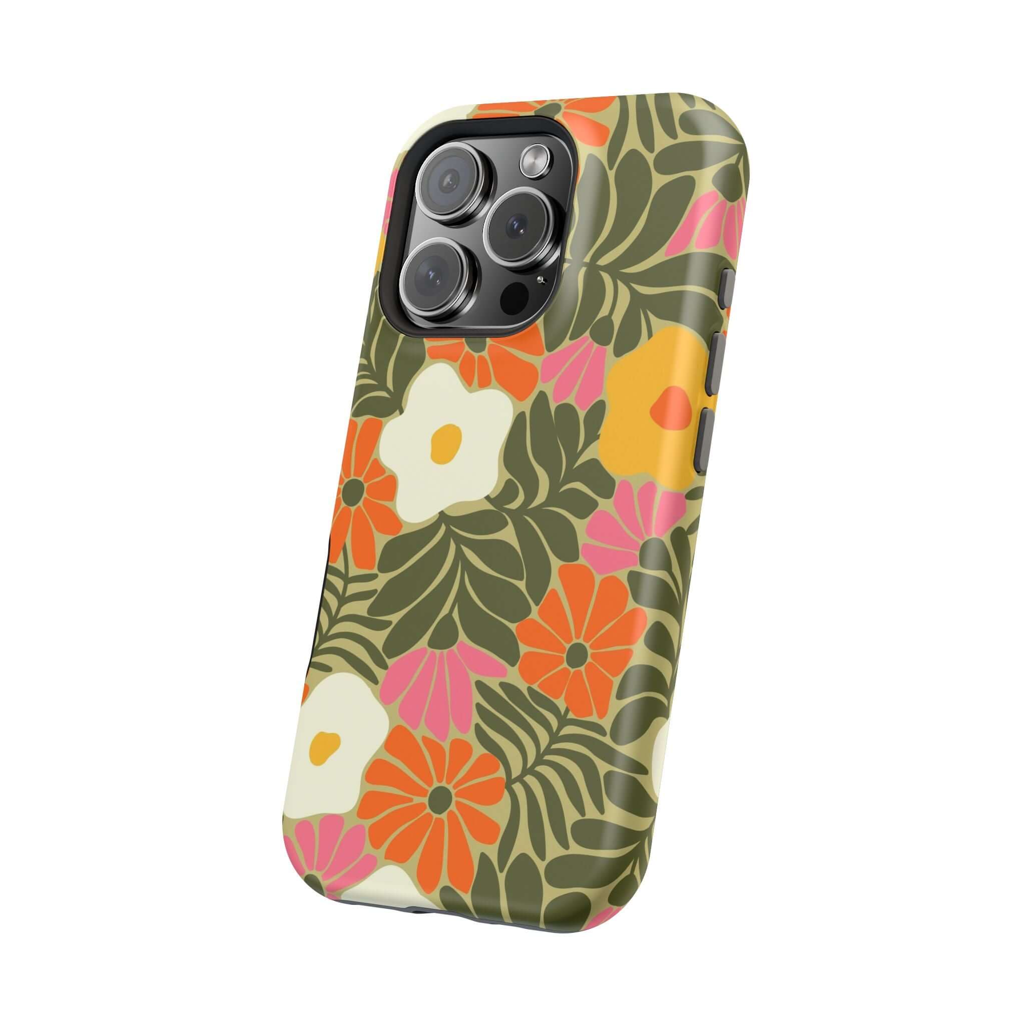 Cute tropical floral phone case for iPhone, showcasing retro beach vibes and MagSafe compatibility. Perfect for stylish protection!