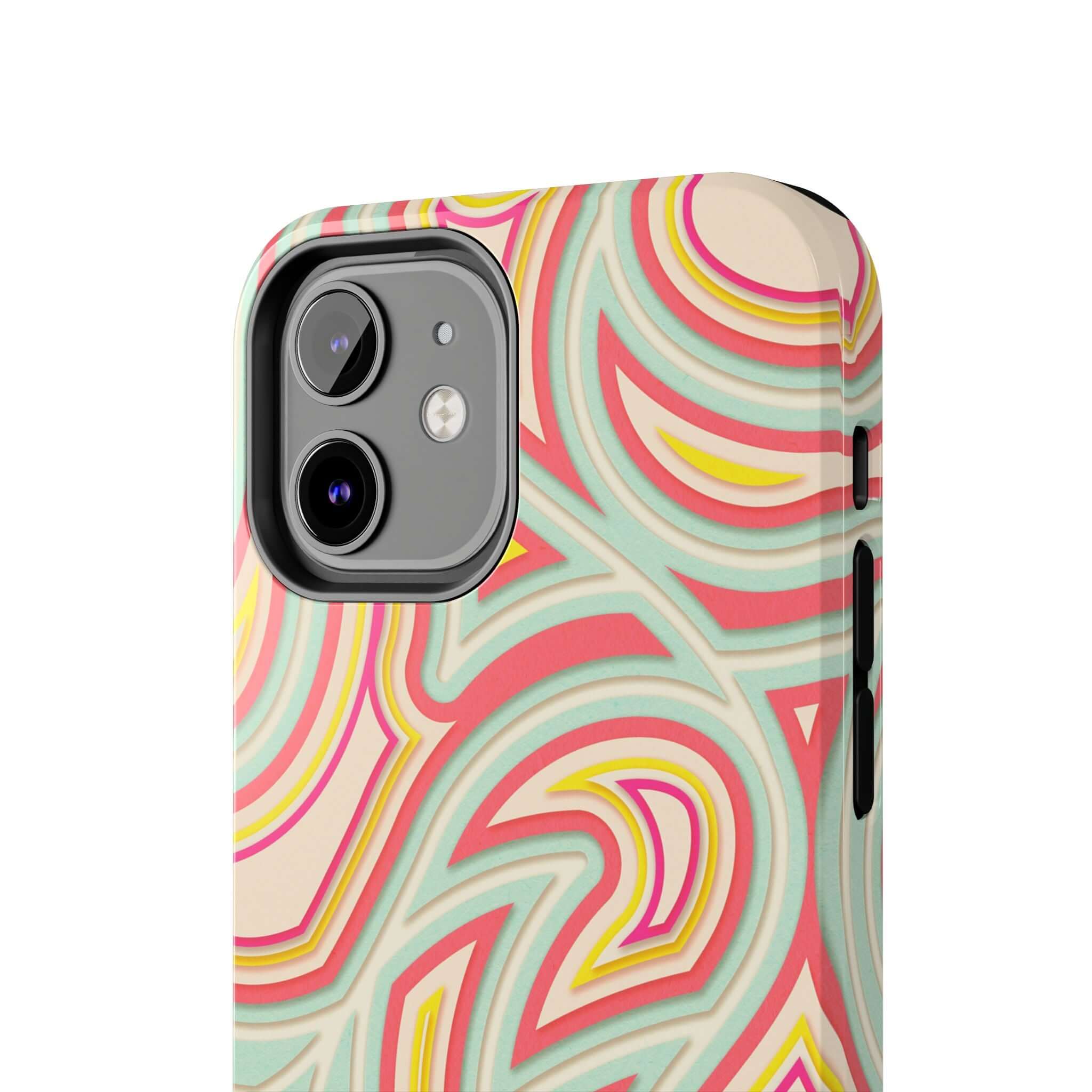 Groovy Waves retro abstract phone case with colorful design on iPhone, playful cute phone cover with flowers, perfect for Samsung and iPhone models