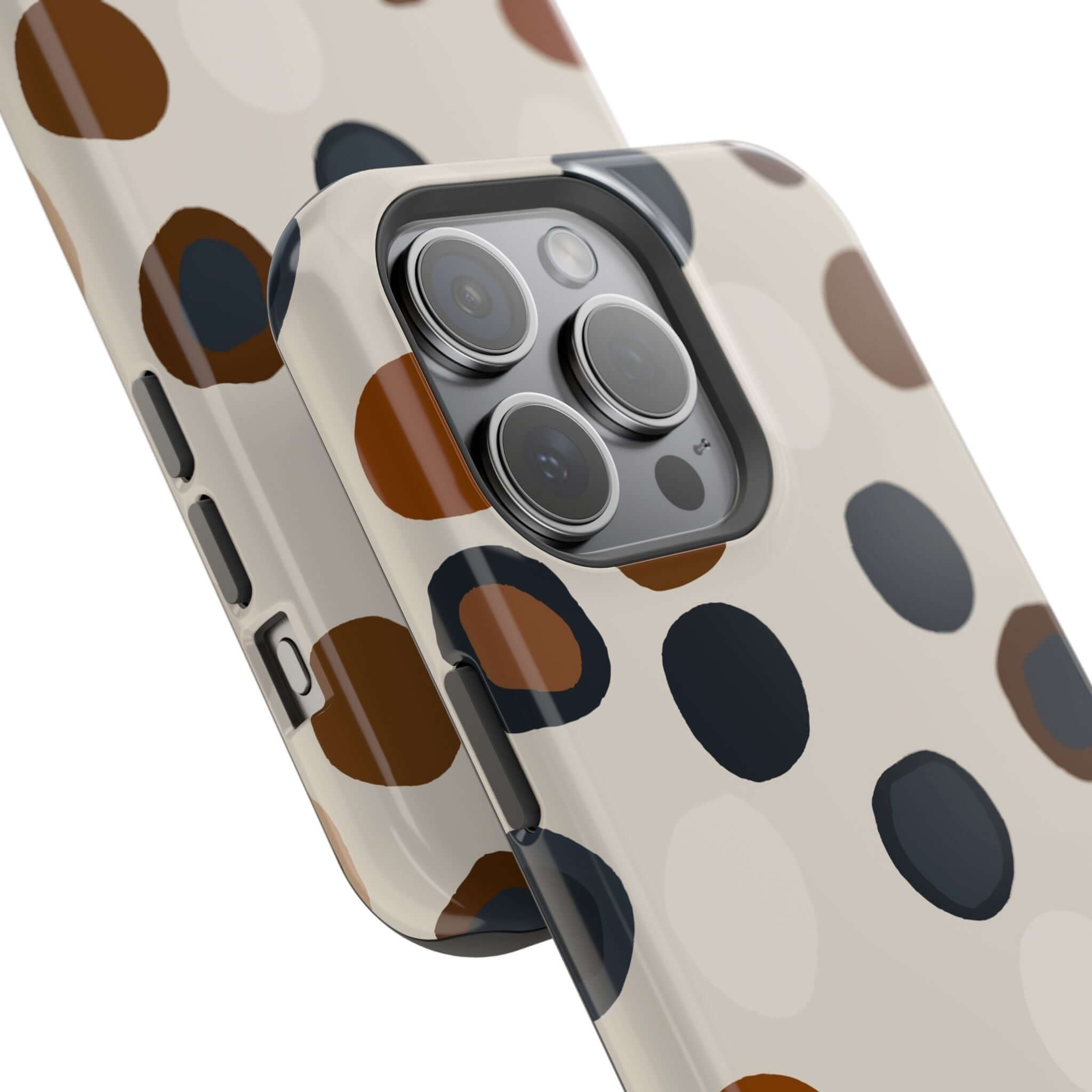 Chic Wanderer Modern Spots MagSafe Case with brown and black dots, colorful and cute iPhone accessory for wanderers.