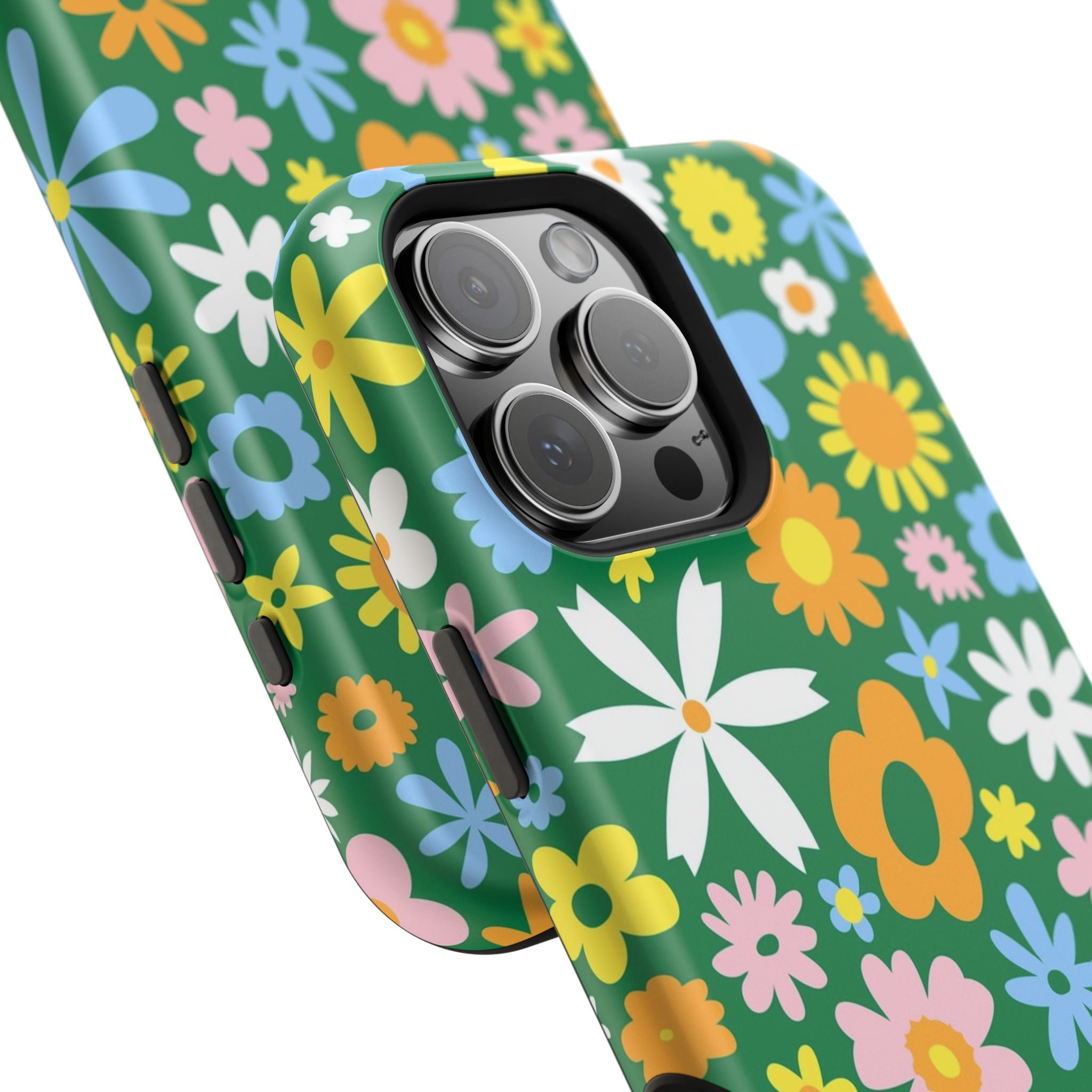 Vibrant floral MagSafe iPhone case with colorful hippie design on green background, perfect cute phone cover for style and protection.