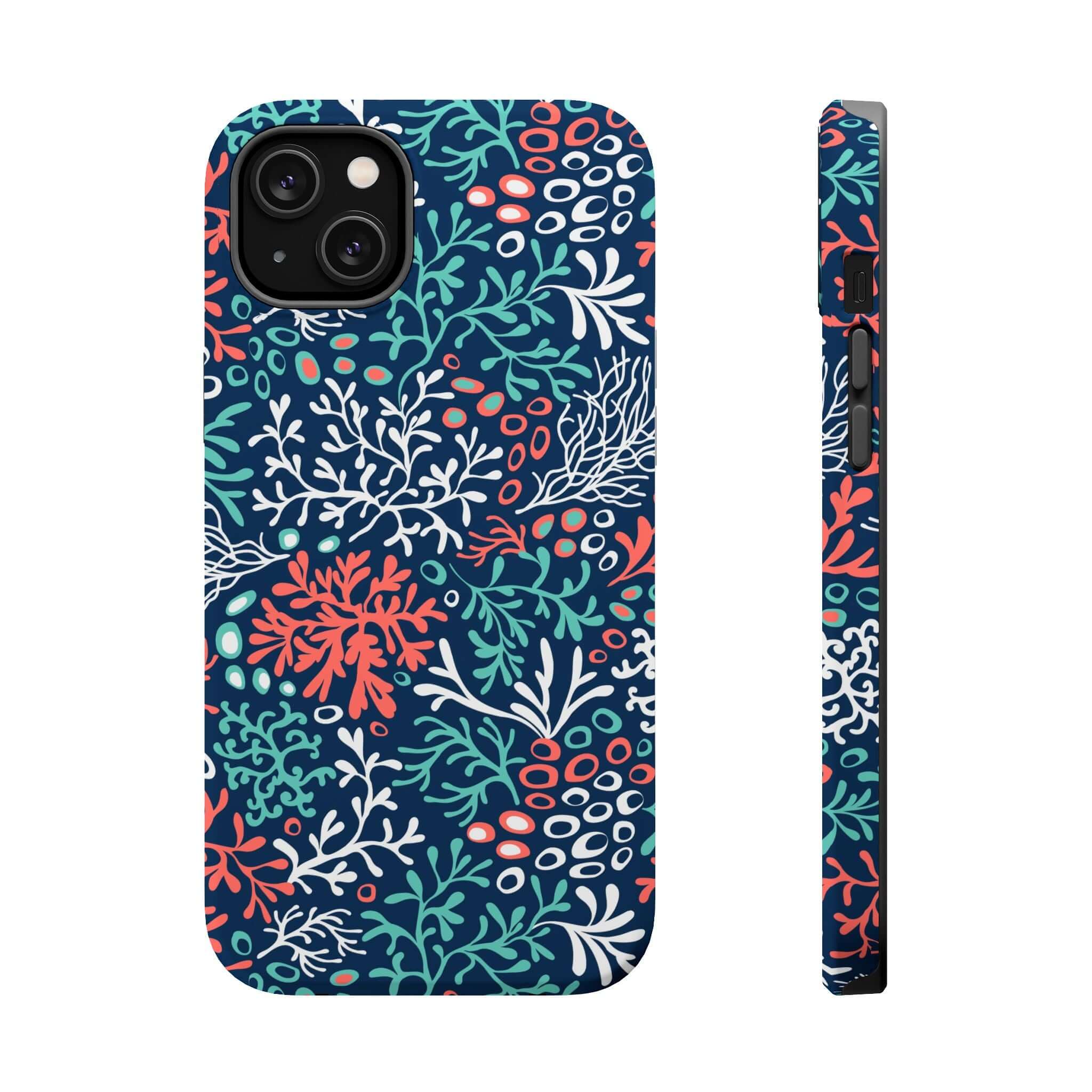 Cute iPhone 16 case with colorful coral reef design, showcasing vibrant beach-themed print for style and protection.