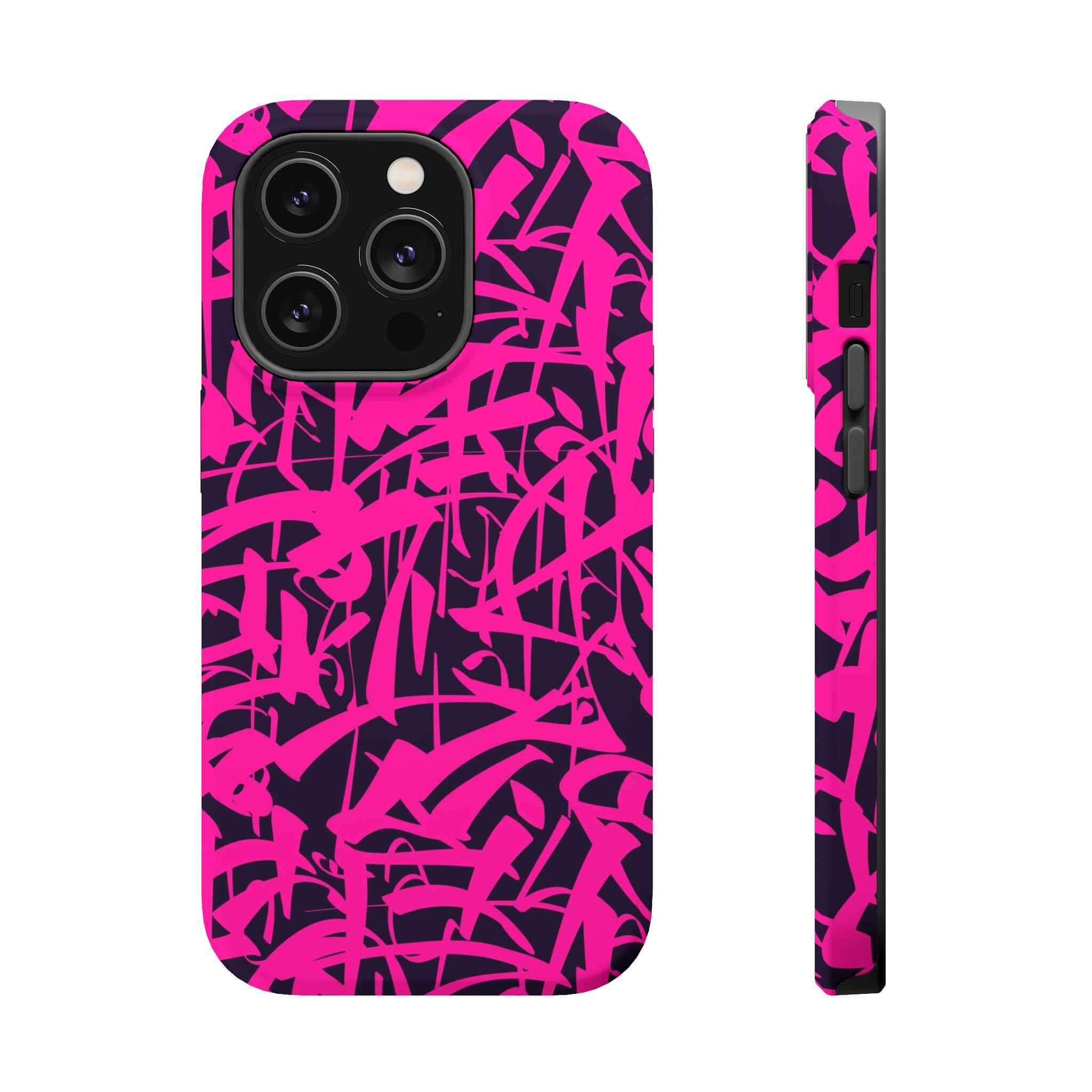 Colorful pink art case for iPhone, featuring a playful design; a cute phone cover for artistic personalities.