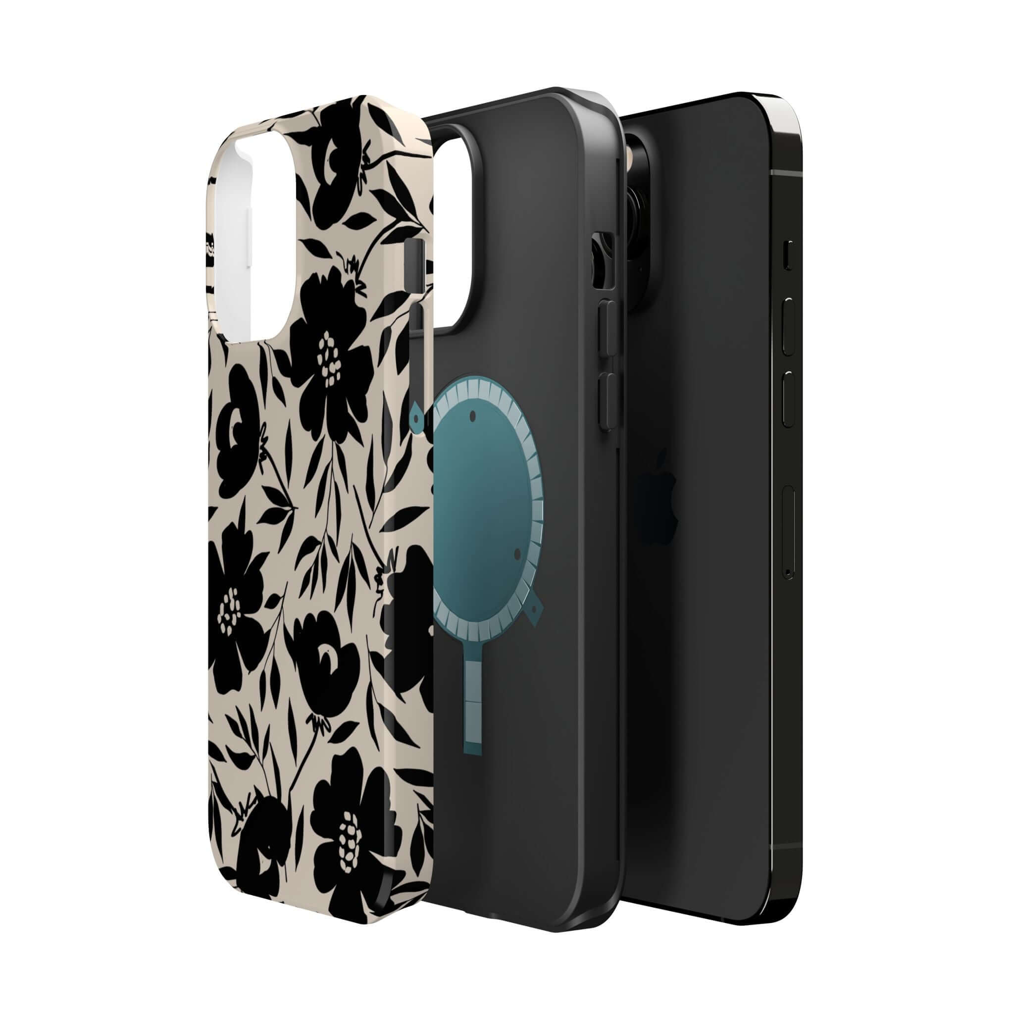 Black floral phone case for iPhone 16, Eclipse Garden design, showcasing a cute and unique accessory for adventurous style.