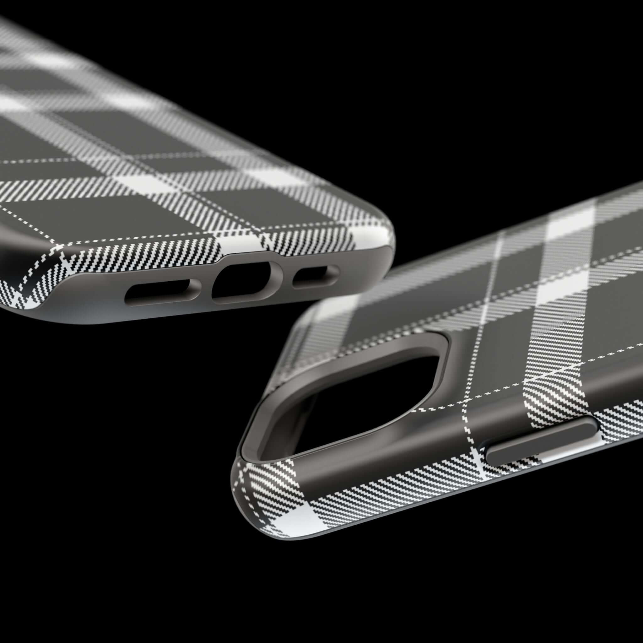 Close-up of a stylish black plaid phone case, perfect cute cover for Apple iPhone, showcasing trendy design and protection.